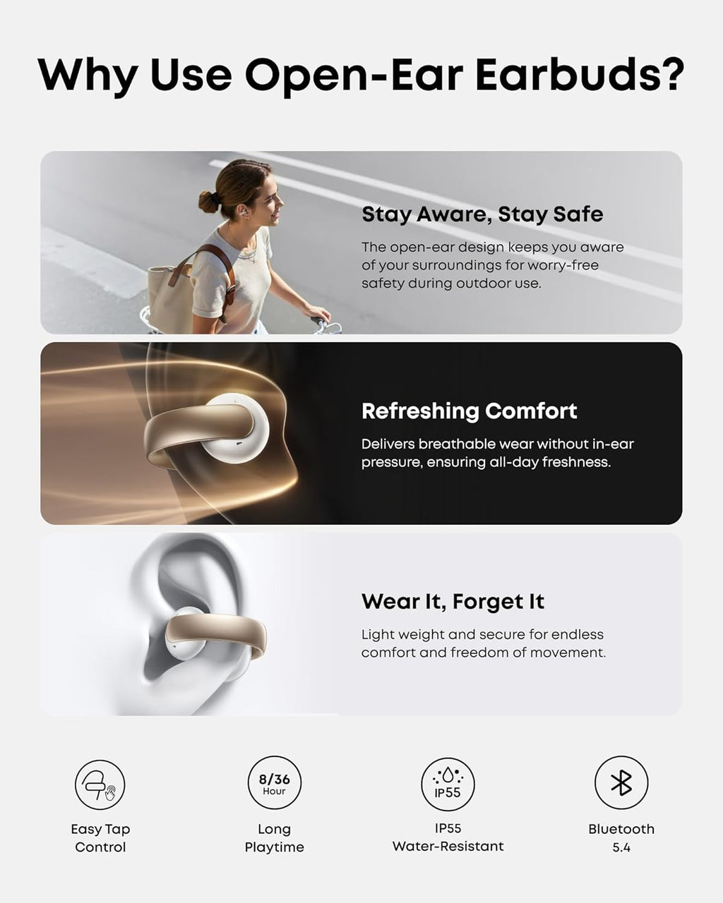 Soundcore AeroClip by Anker, Open-Ear Earbuds, Clip-On Headphones, Adaptive Comfort, Clear Calls with 4 Mics and AI, Stable Fit, 12mm Drivers for Powerful Bass, Hi-Res, Open-Ring Design