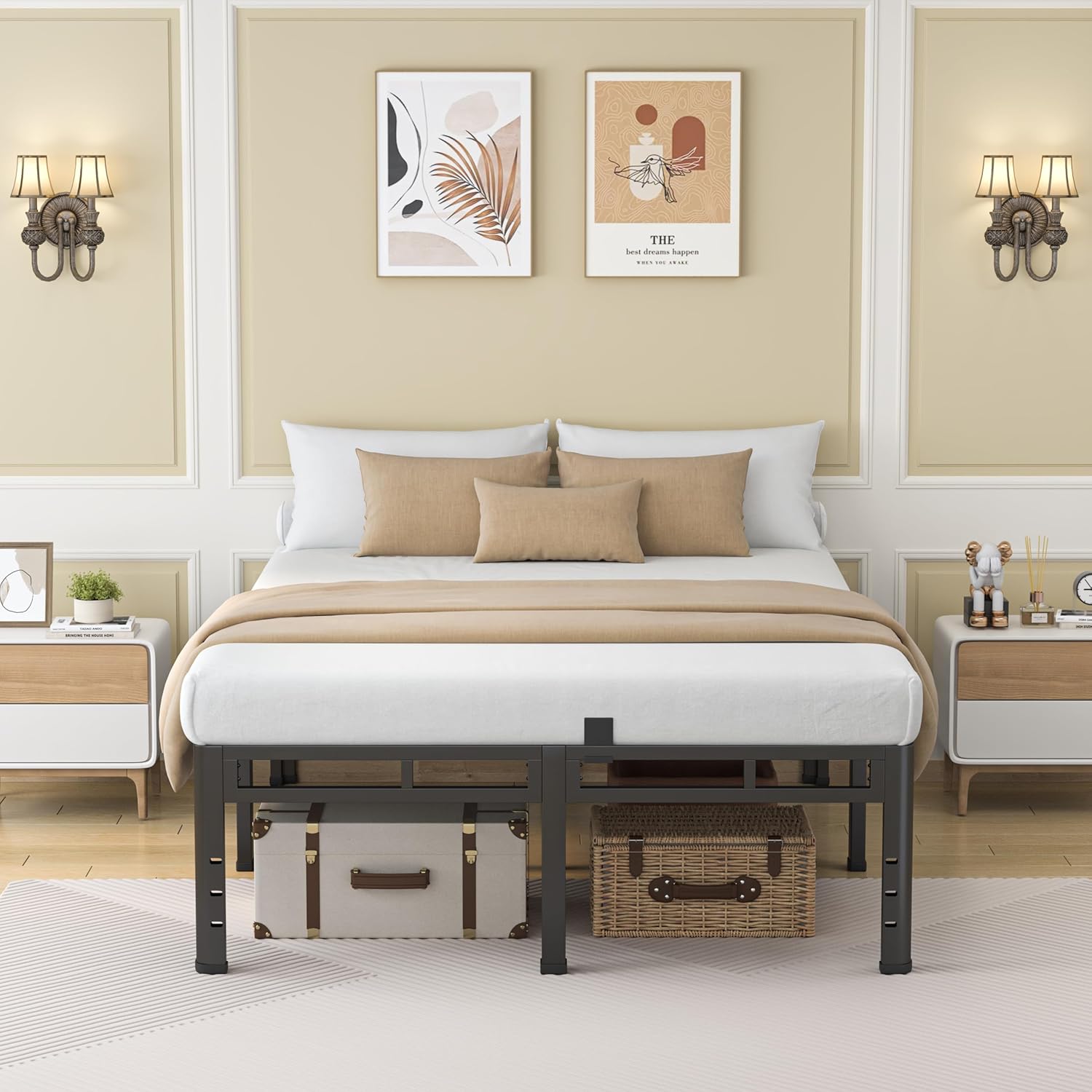 NKZ 24 Inch Queen Size Bed Frame, Metal Bed Frame & Box Spring 2 in 1 Platform with Round Corner Legs, 4000Lbs Heavy Duty Metal Frame, Mattress Slide Stopper, Headboard Hole, Noise-Free, Easy Assembly