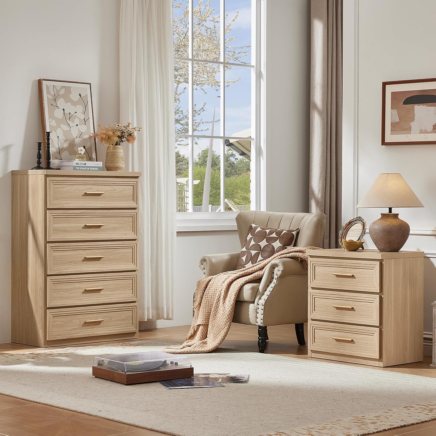 RWYHG Dresser Set for Bedroom with 5 Drawers 45" Tall Wood Closet Organizer with Metal Handle Furniture for Living Room Hallway Natural