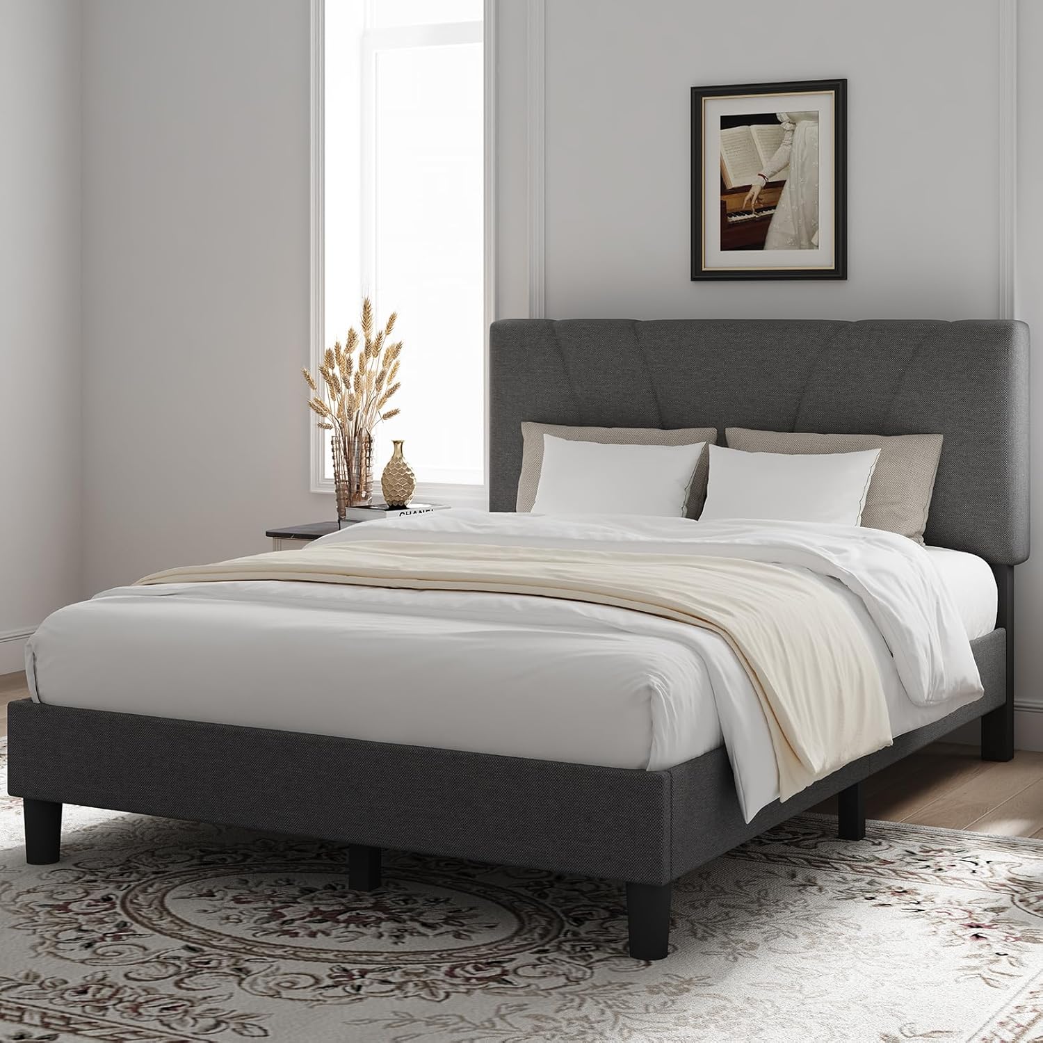 Novilla Full Bed Frame Upholstered Platform Full Size Bed Frame with Adjustable Headboard, Strong Weight Capacity, No Box Spring Needed, Easy Assembly, Grey