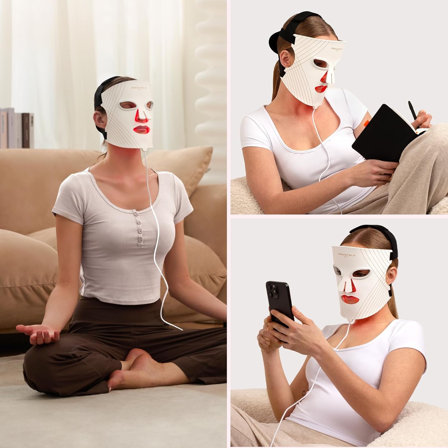 wavytalk Red Light Therapy Mask for Face, Glow Time LED Face Mask Light Therapy for Anti-Fine Line, Acne Treatment and Skin Rejuvenation with Red, Near-Infrared Light, Blue & Amber Light Therapy White
