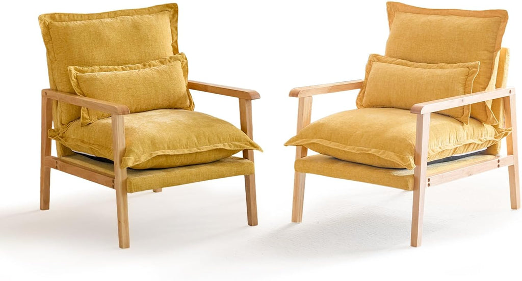 VINGLI Mid-Century Modern Cloud Accent Armchairs set of 2 with Lumbar Pillow, 6.3'' Thick Seat Cushion Reading Chairs with Wooden Armrests, Boho Lounge Chair for Bedroom, Living Room, Chenille, Yellow