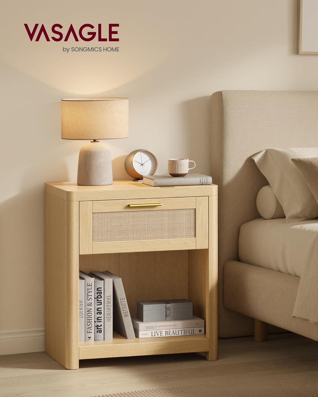 VASAGLE ELLAN Collection - Boho Nightstands with Rattan-Look Drawer, Set of 2 Accent Side End Tables with Open Compartment, Rounded Corners, for Bedroom Bedside, Oak Beige ULET818YC01