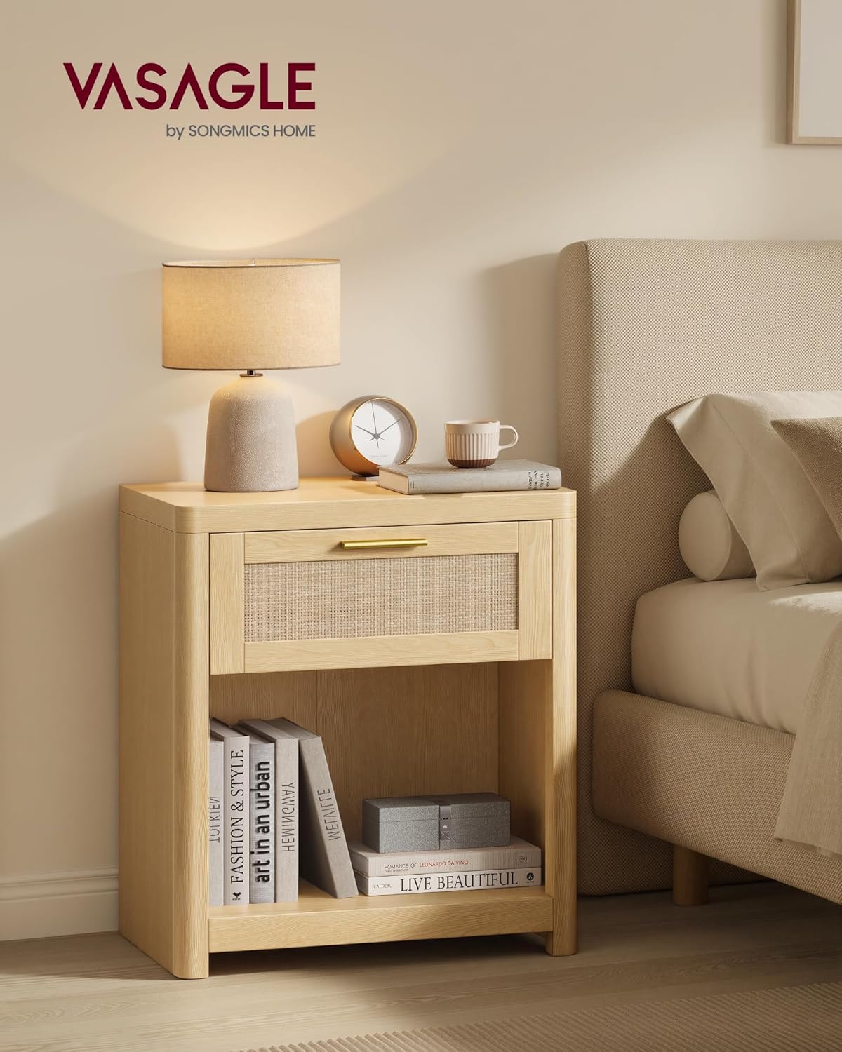 VASAGLE ELLAN Collection - Boho Nightstands with Rattan-Look Drawer, Set of 2 Accent Side End Tables with Open Compartment, Rounded Corners, for Bedroom Bedside, Oak Beige ULET818YC01