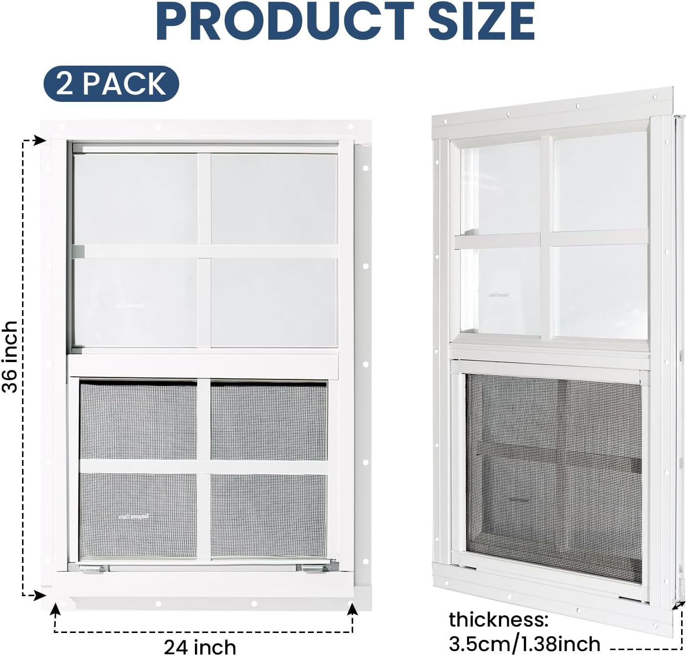2 Pack Shed Windows,24" x 36" Small Sliding Windows,Flush Mount Windows with Tempered Glass and Fiberglass Screen for Shed, Chicken Coop, Playhouse, Household, Garage, Barns (White)