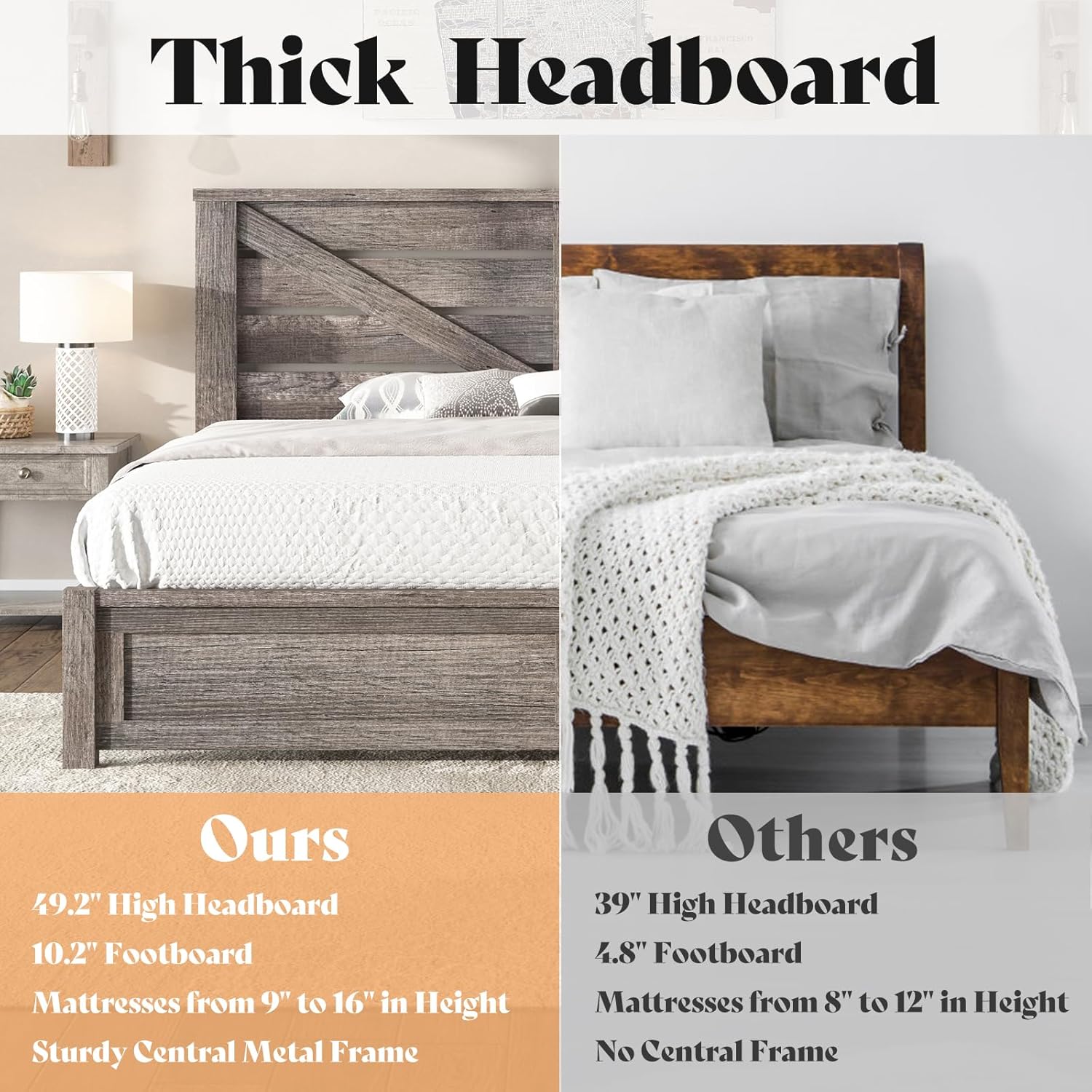 AMERLIFE Queen Size Bed Frame with 49.2" Barn Door Headboard and Footboard, Farmhouse Platform Bed Frame with Wood Slats, No Box Spring Needed, Under Bed Storage, Rustic Gray