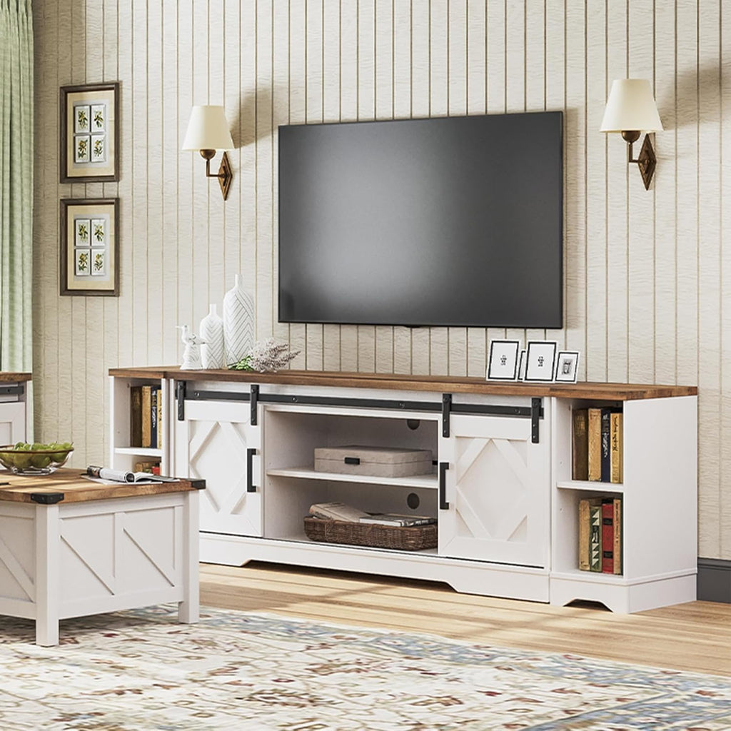 WAMPAT 3-in-1 Modern Farmhouse TV Stand for up to 95" TV, 25.6" H Wood Entertainment Center with Sliding Barn Door and Adjustable Media Storage Shelf for Living Room, Antique White