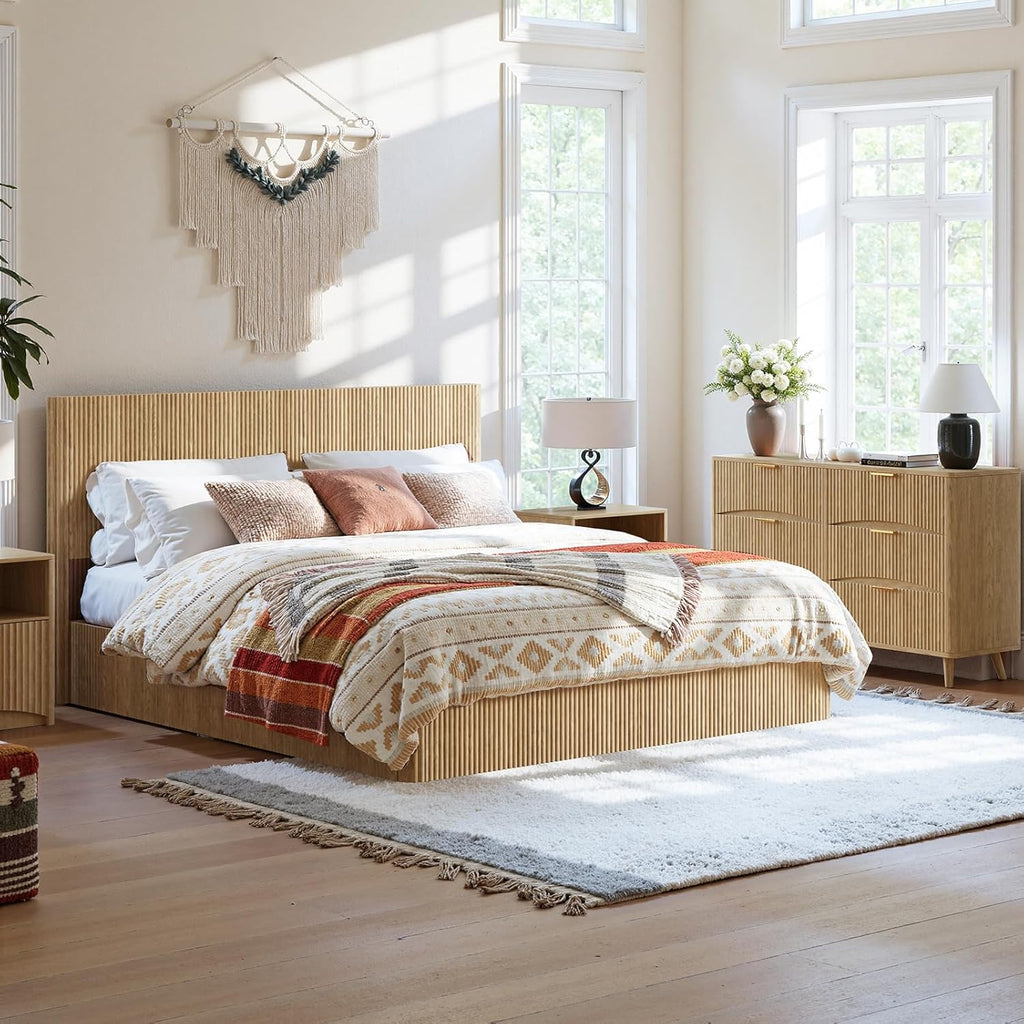 Evermagin Natural King Lift Up Storage Bed Frame, Mid Century Modern Fluted Bed Frame, Wood Hydraulic King Size Bedframe with Headboard