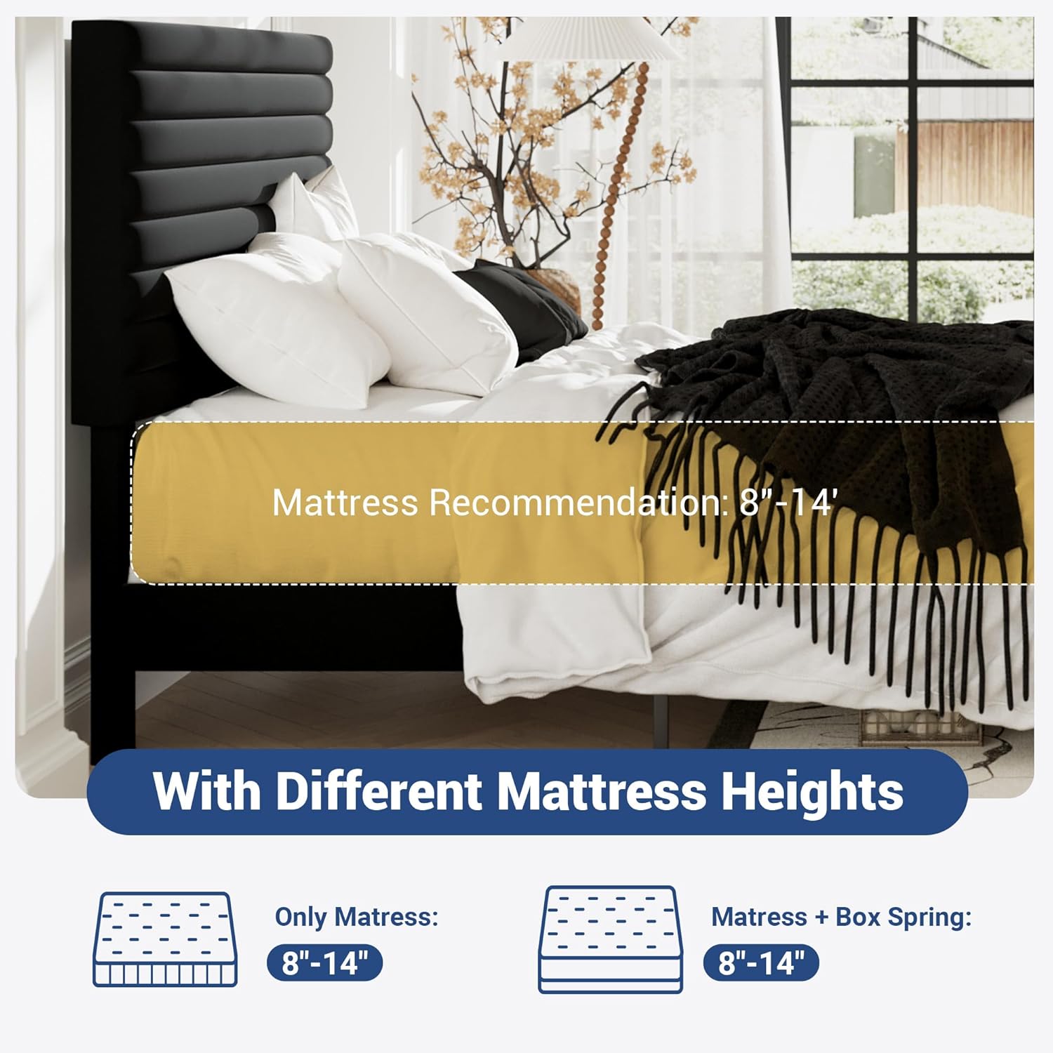 Allewie Queen Bed Frame, Velvet Upholstered Platform Bed with Adjustable Headboard, Horizontal Channel Design, Wood Slat Support, No Box Spring Needed, Noise Free, Easy Assembly, Black