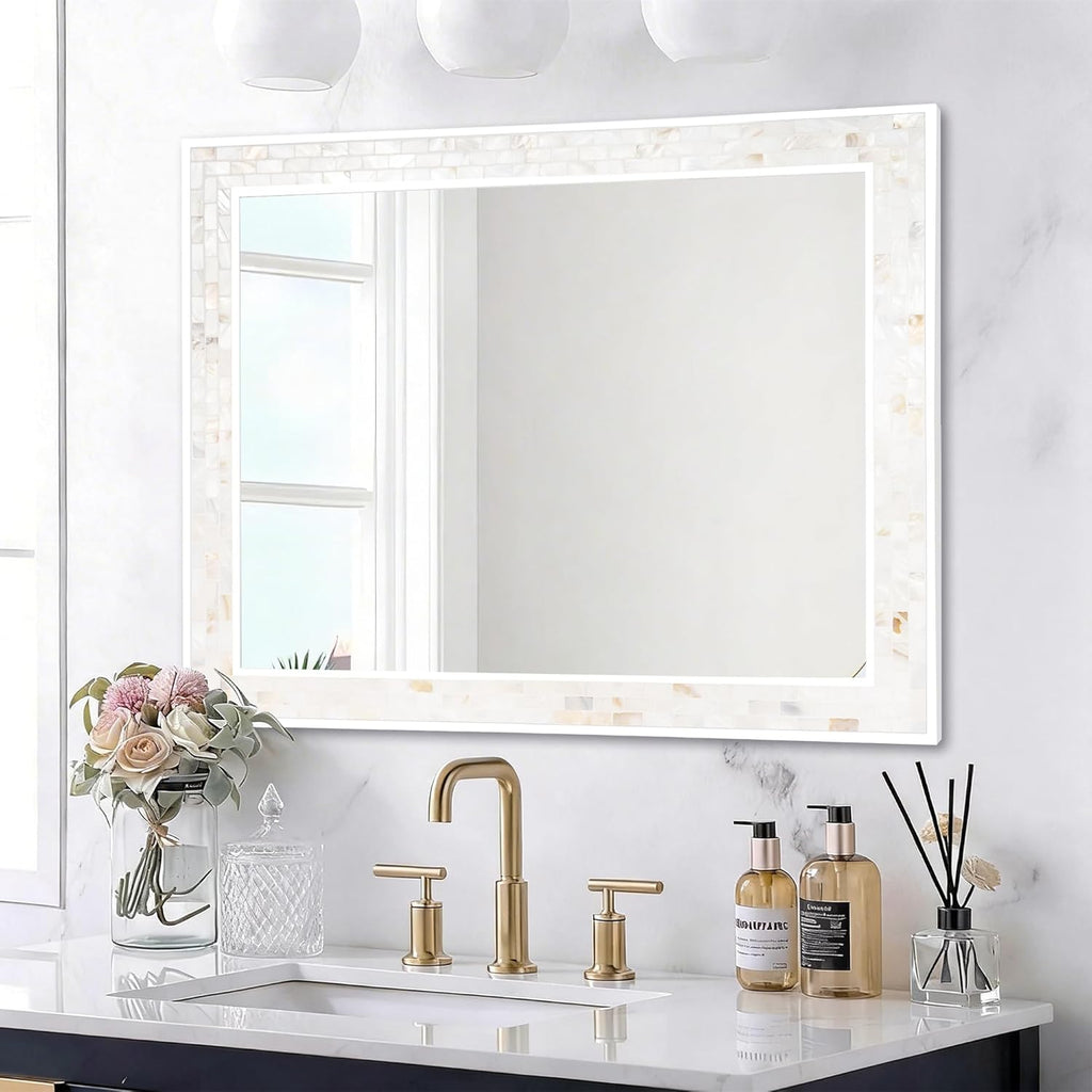 Tanmicoshomy 30 x 40 Inch White Bathroom Mirror, Coastal Natural Shell Framed Rectangle Mirrors for Bedroom, Living Room Wall Decor, Horizontal or Vertical Hanging