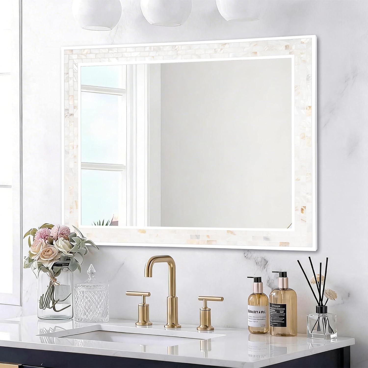 Tanmicoshomy 30 x 40 Inch White Bathroom Mirror, Coastal Natural Shell Framed Rectangle Mirrors for Bedroom, Living Room Wall Decor, Horizontal or Vertical Hanging