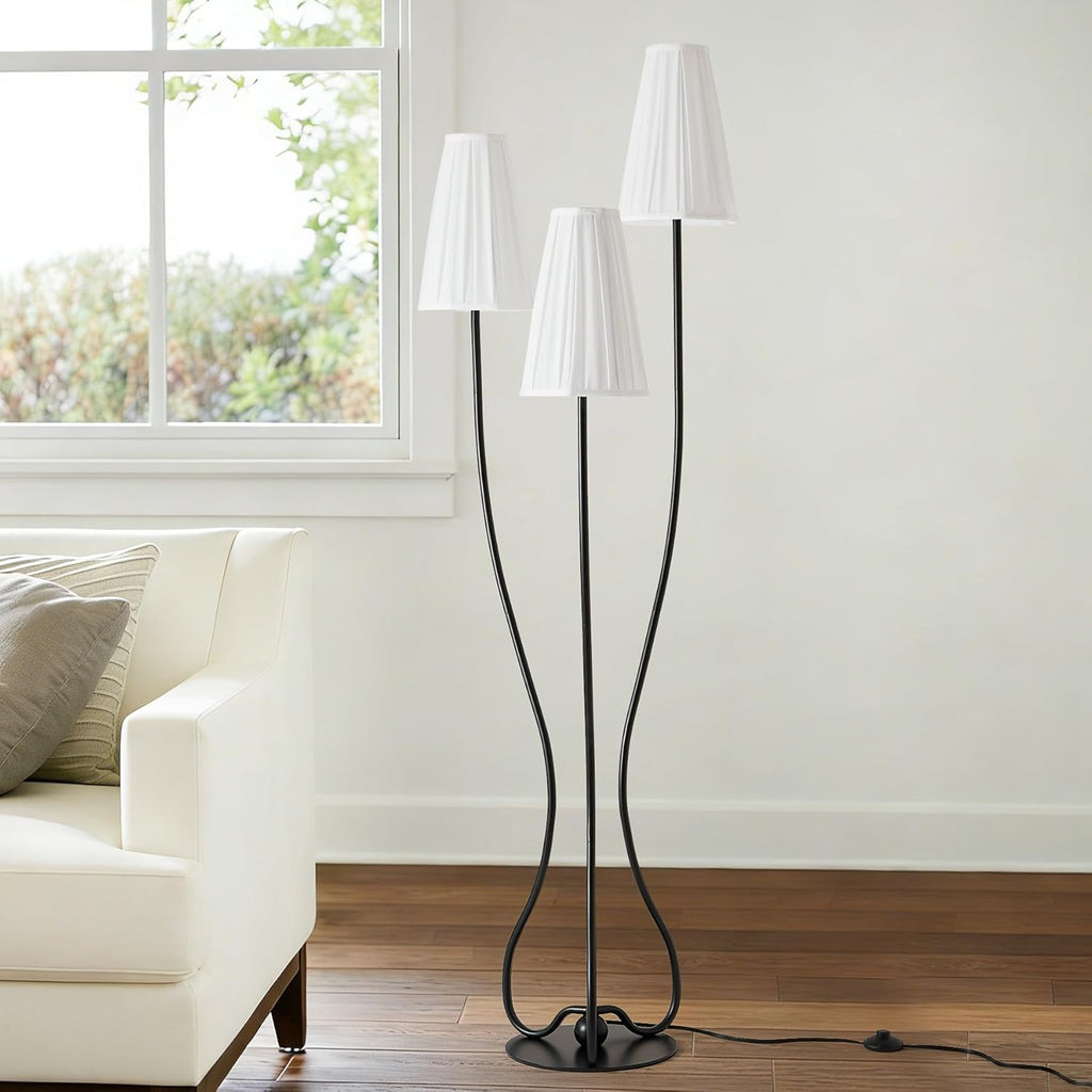 ZenGlimmer Sculptural Vintage Floor Lamp, 3-Light Standing Lamps with Curved Iron Base & Octagonal Linen Pleated Shades, Statement Lighting for Living Room, Bedroom, Studio (Pleated Fabric Shade)