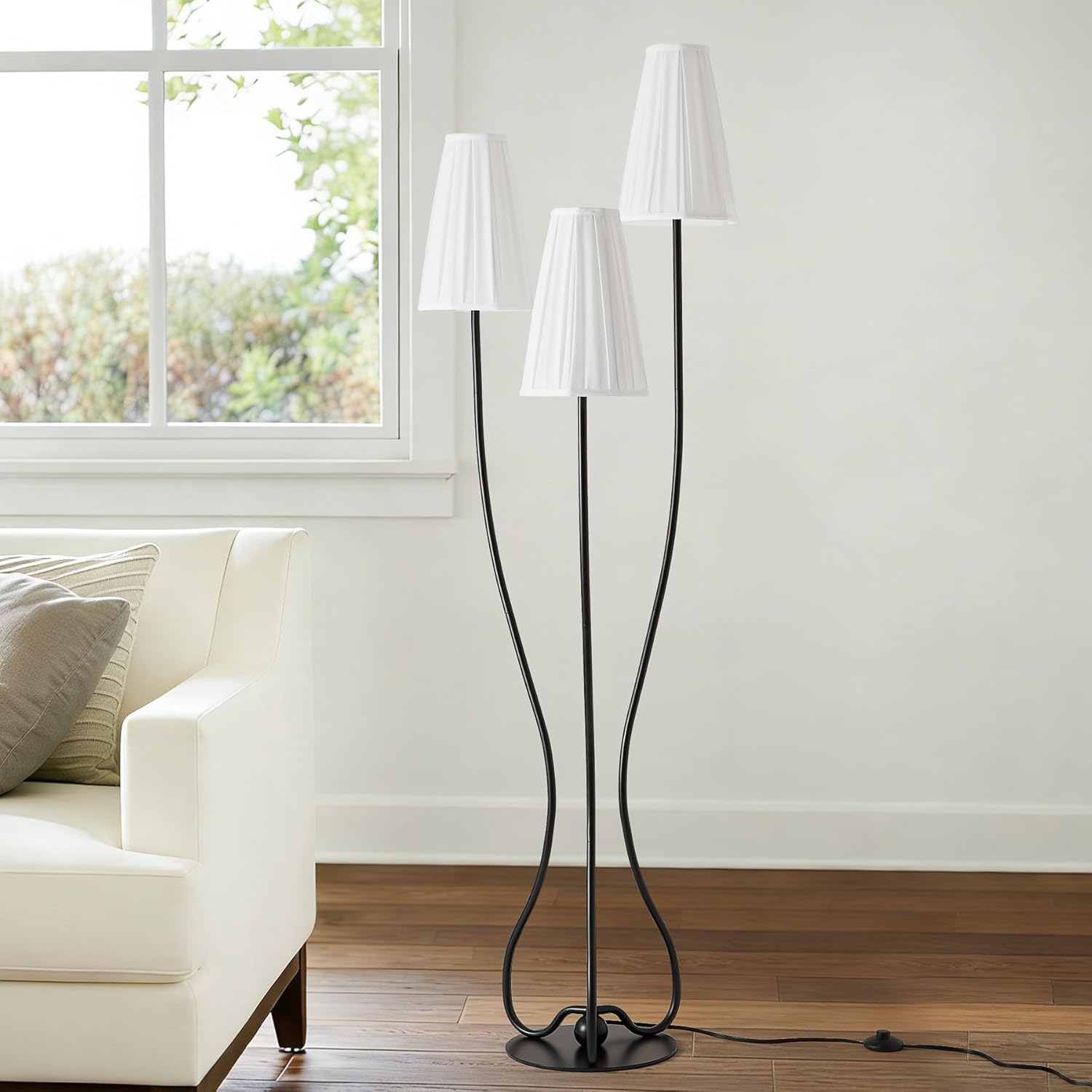 ZenGlimmer Sculptural Vintage Floor Lamp, 3-Light Standing Lamps with Curved Iron Base & Octagonal Linen Pleated Shades, Statement Lighting for Living Room, Bedroom, Studio (Pleated Fabric Shade)