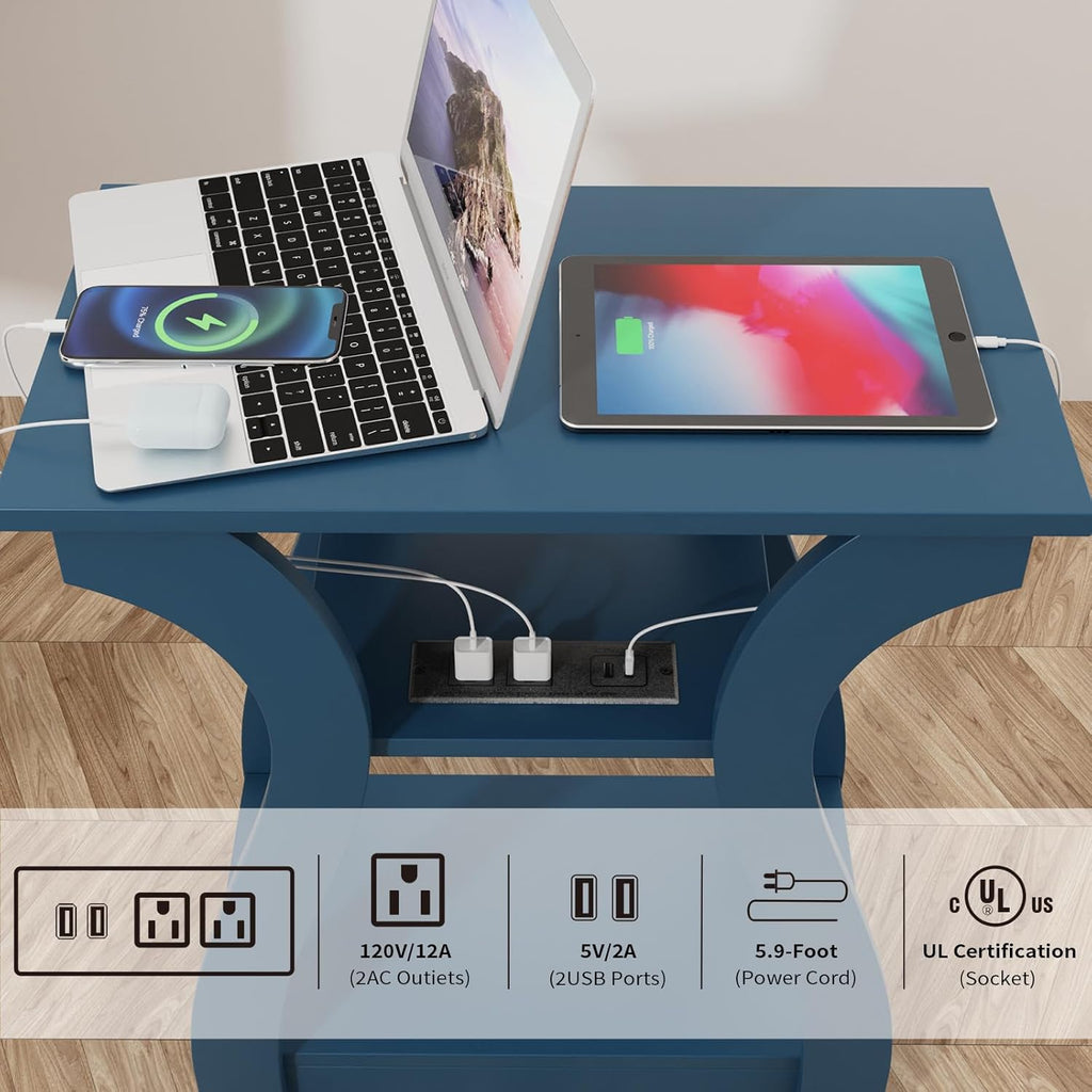 FROMJBEST End Table with Charging Station, Side Table with USB Ports and Outlets, Nightstand, 3 Tier End Table with Storage Shelf for Living Room, Bedroom, Navy Blue, Set of 2