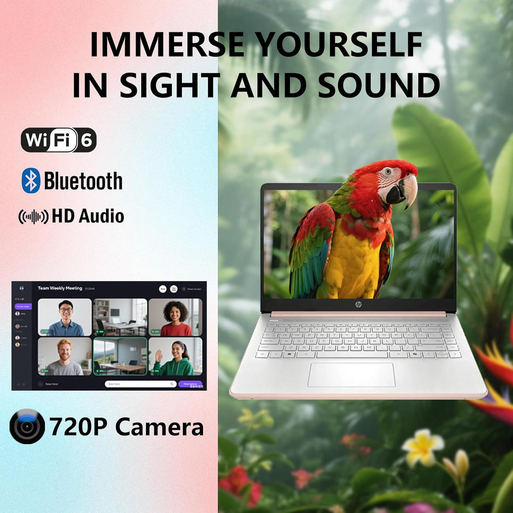 HP 14 Elite Laptop, 16GB RAM, 1.12TB Total Storage (64GB+64GB MSD+1TB Cloud), Rose Gold Pink, Office 365, Intel Multi-Core, Win11, Copilot AI, 11Hr Battery, Alpacatec Mouse