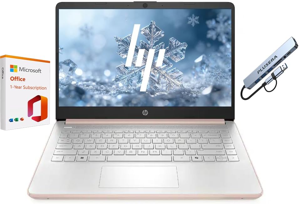 HP 14" Business Laptop, 1-Year Office 365 with Copilot AI, 16GB RAM 576GB Storage (64GB SSD+512GB SD Card), Dual-Core Intel Processor, Windows 11, PLUSERA 8-in-1 Hub Included, Rose Gold