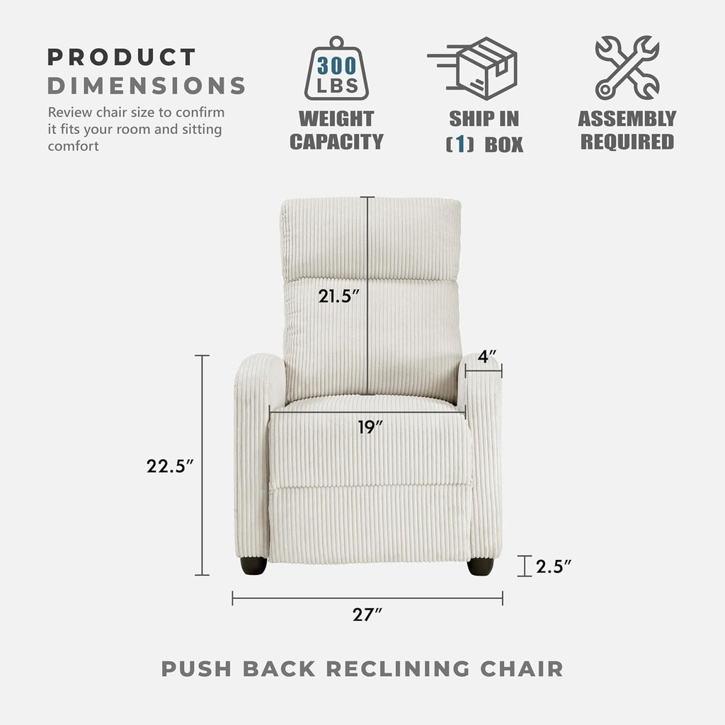 Lexicon Corduroy Pushback Recliner Chair Armchair Push Back Recliner, Solid Wood Frame and Metal Base, Easy Assembly Small Soft Single Sofa Accent Chair for Living Room/Office/Apartment, Beige