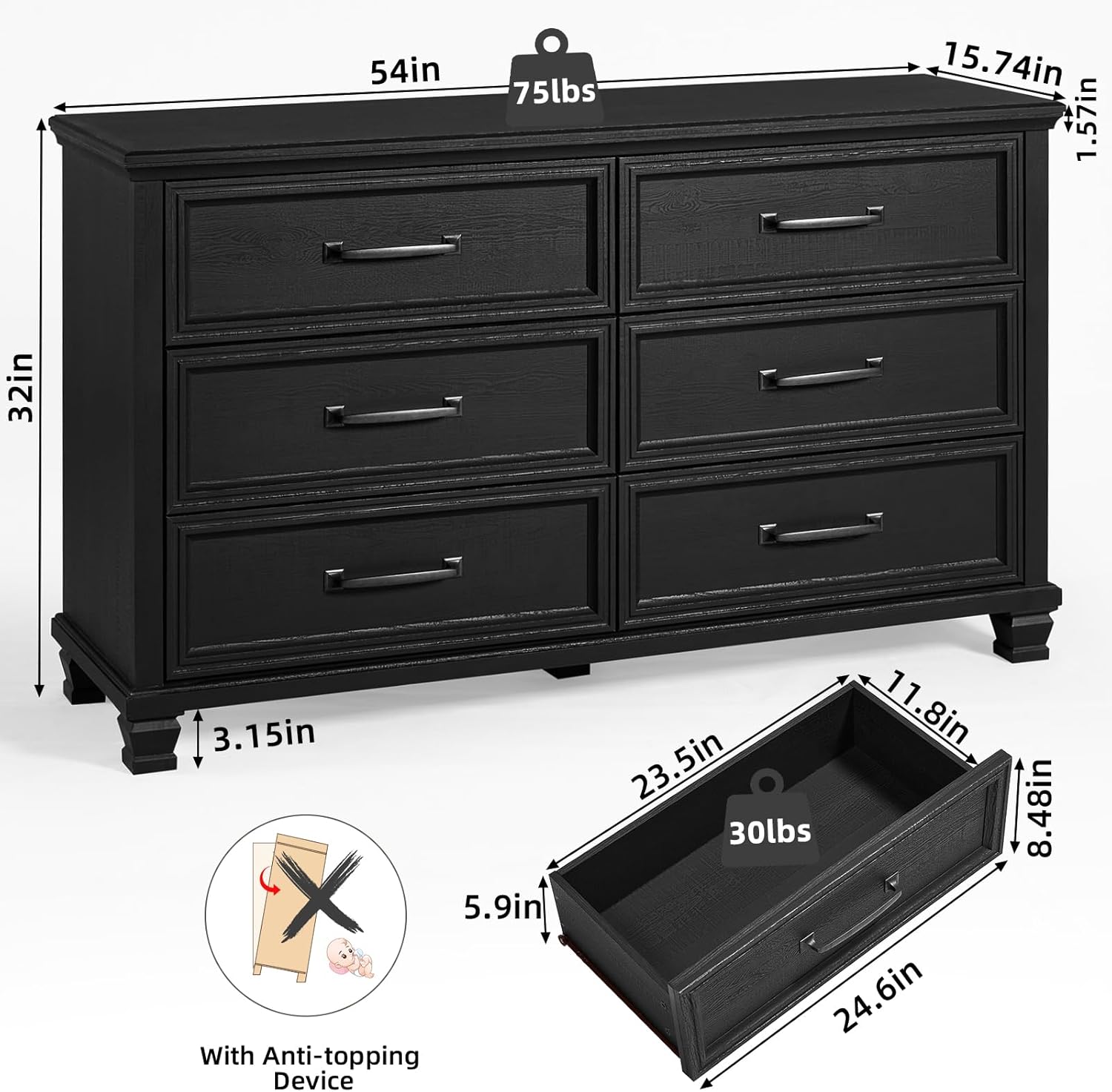 SAVOR LIFE Farmhouse Black Bedroom Sets of 4, Includes 6 Drawer Large Dresser, Vintage Night Stand with 3 Drawers, Small 5 Chest of Drawers, Wood Rustic Dresser & Nightstand Set for Bedroom, Home