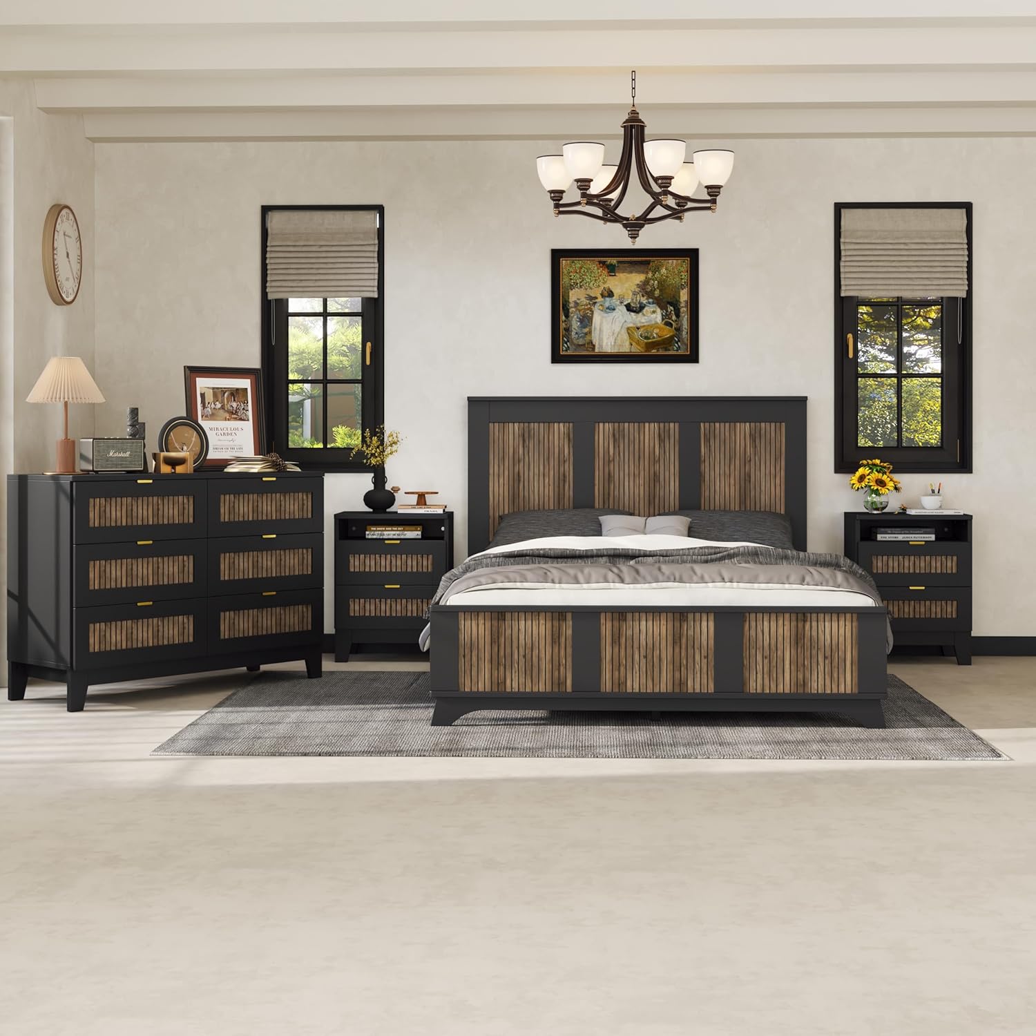 4 Piece Bedroom Furniture Set,Farmhouse Queen Size Platform Bed with Wooden Strip Decoration,2 Storage Nightstand and Dresser with Metal Handles,Wood Bedroom Furniture Set for Home,Bedroom,Black