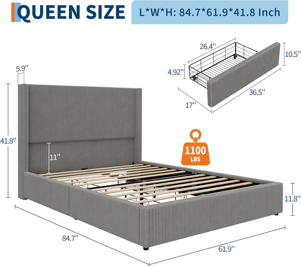GarveeHome Queen Grey Storage Bed Frame, Corduroy Upholstered Platform Bedframe with 4 Drawers and Headboard, No Box Spring Needed, Easy Assembly