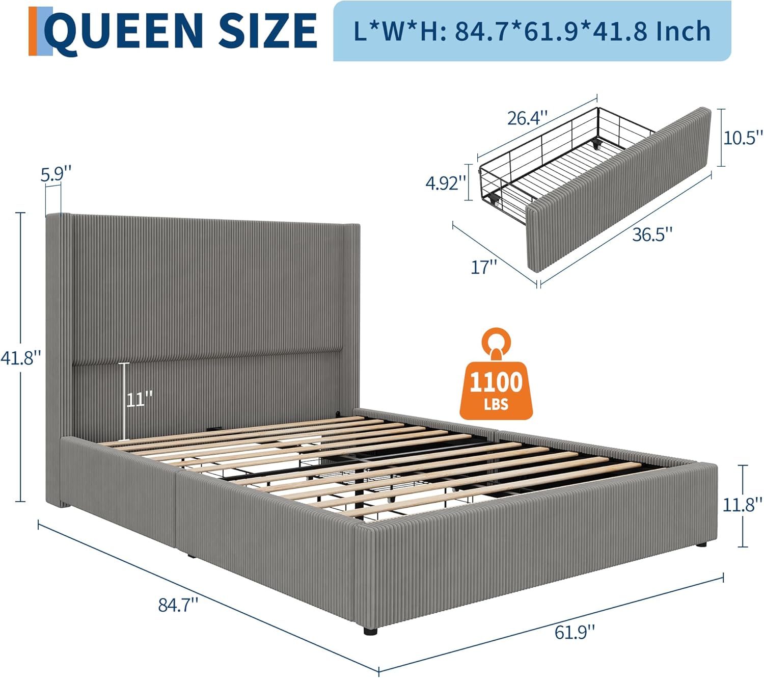 GarveeHome Queen Grey Storage Bed Frame, Corduroy Upholstered Platform Bedframe with 4 Drawers and Headboard, No Box Spring Needed, Easy Assembly