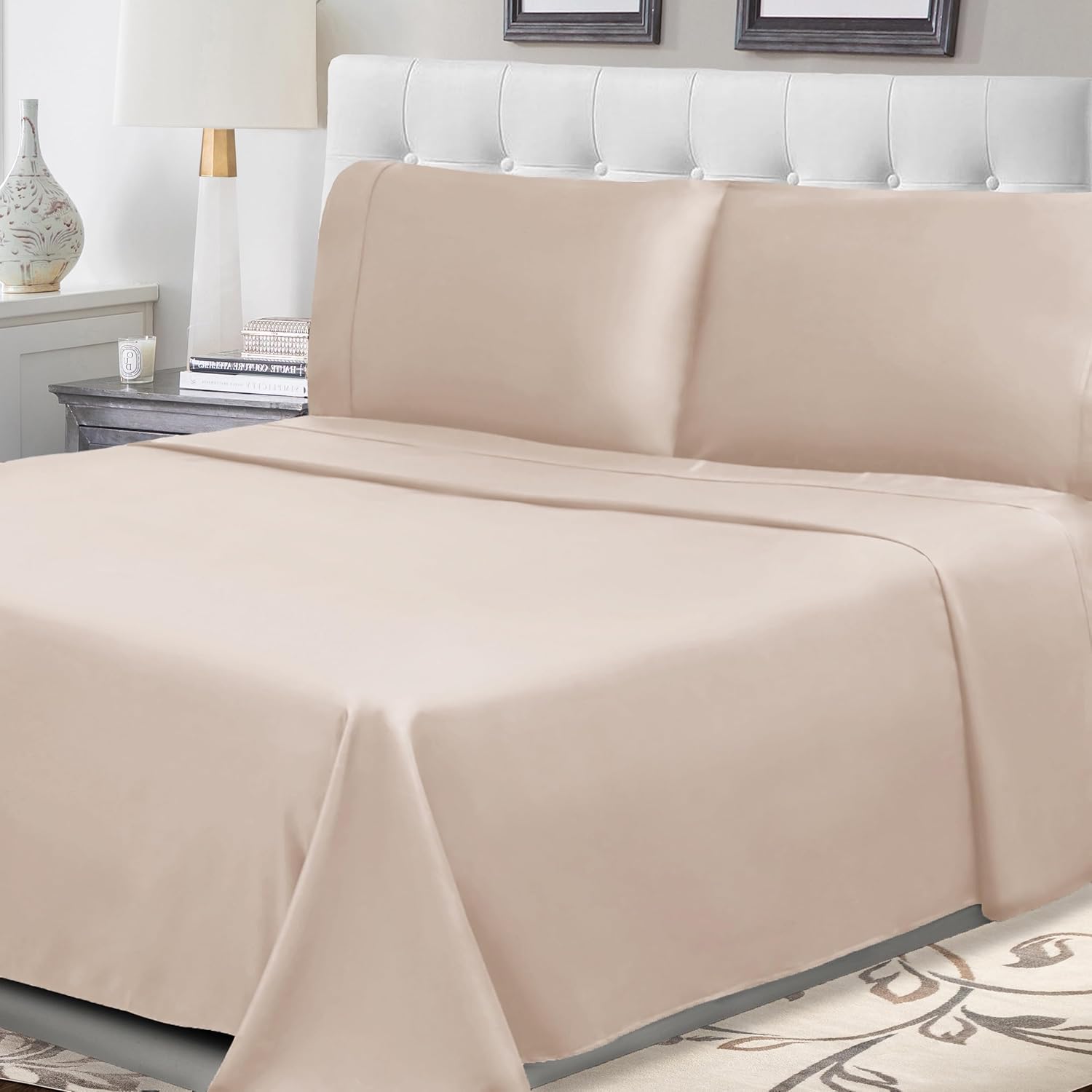 Superior 300 Thread Count Cotton Percale Sheet Set, Silky-Soft, Cooling Sheets, Bedding Basics, Breathable Sheets, 1 Elastic Deep Pocket Fitted Sheet, 1 Flat Sheet, 2 Pillowcases, Full, Tan