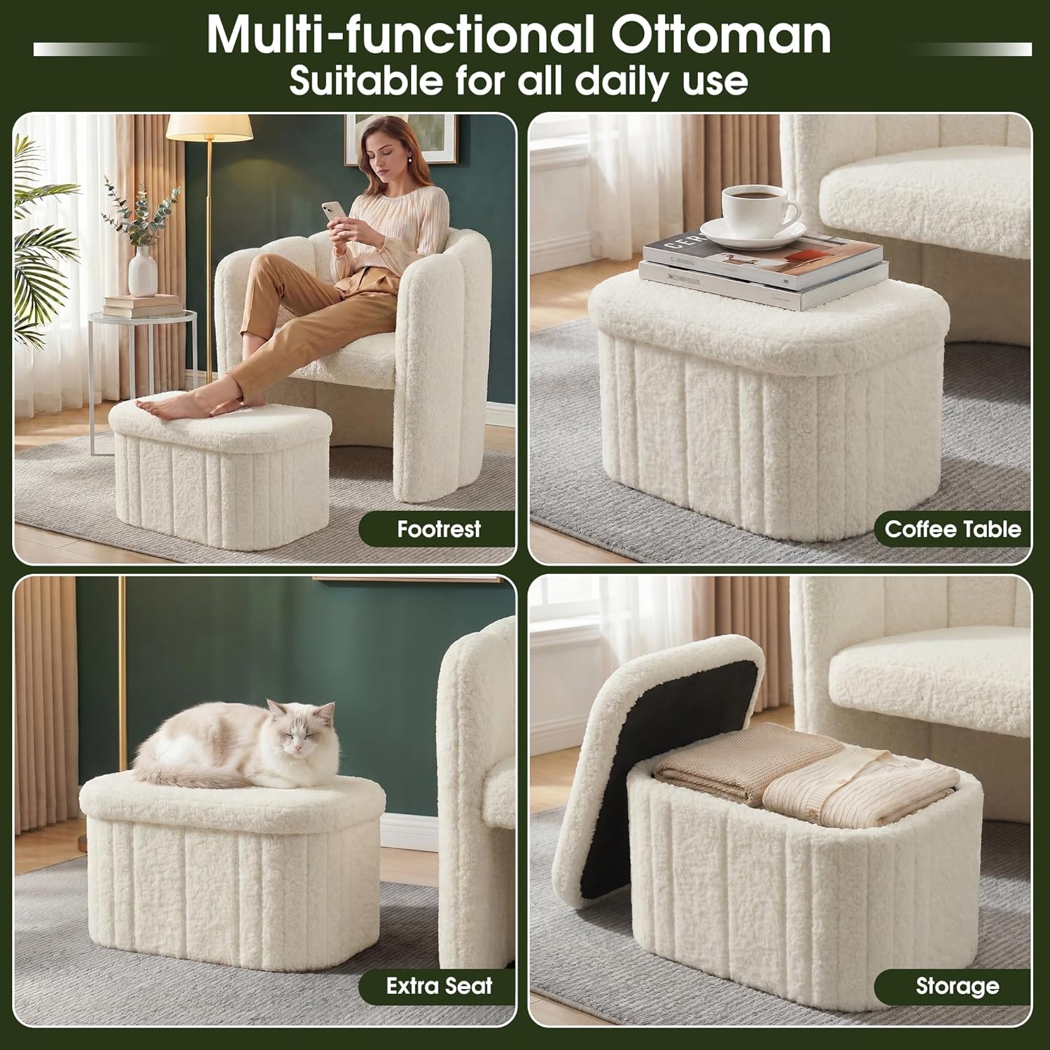 Homkdom Barrel Accent Chair with Storage Ottoman, Teddy Fleece Shell Back with Lumbar Support, Spring Foam Seat, 300 lbs, for Bedroom Reading Corner, Creamy White