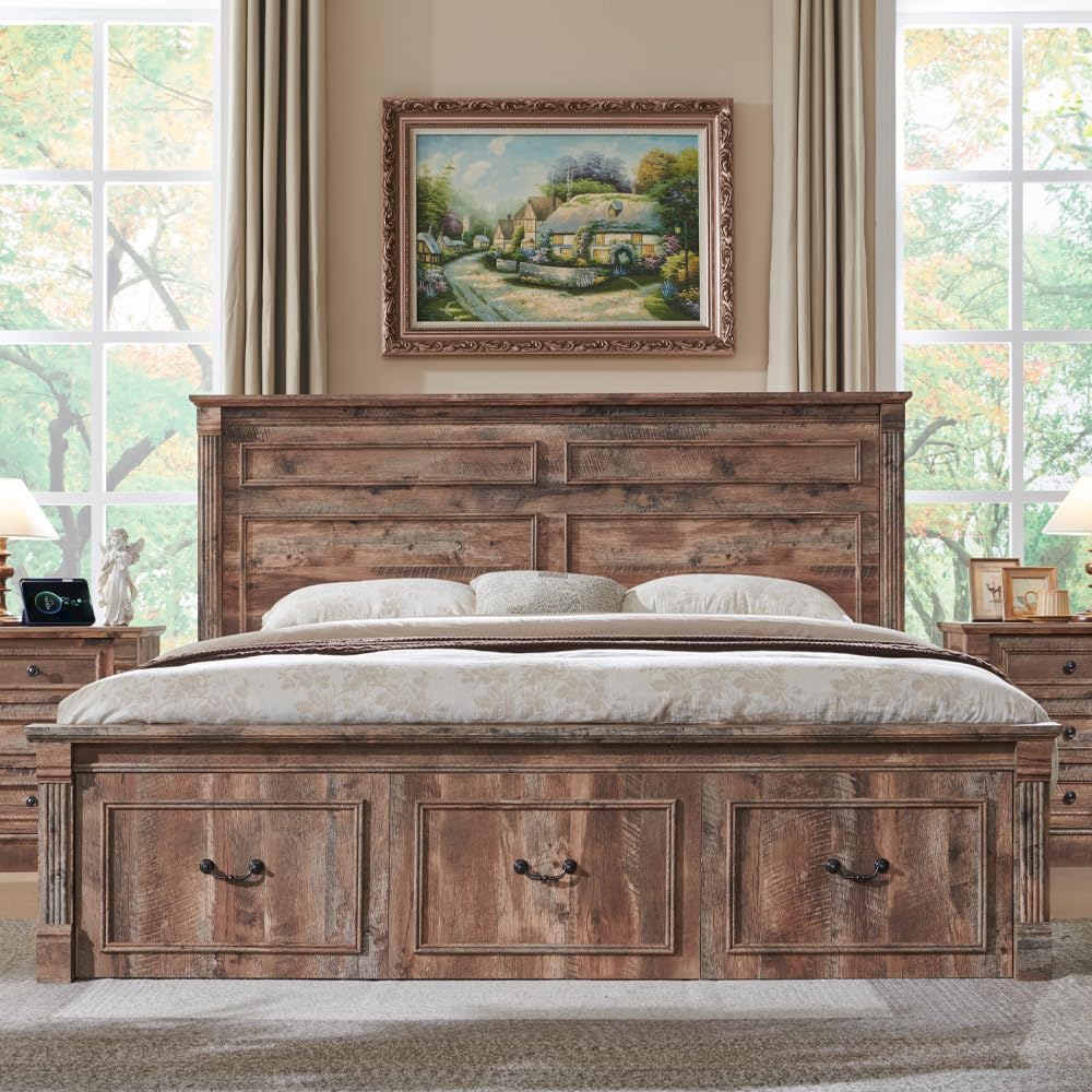 Aitjunz Farmhouse King Size Bed Frame with 51" Tall Headboard, Wood Platform Bed Frame with 20" Tall Roman Column Decoration Footboard & 3 Large Storage Drawers, No Box Spring Needed (Light Brown)
