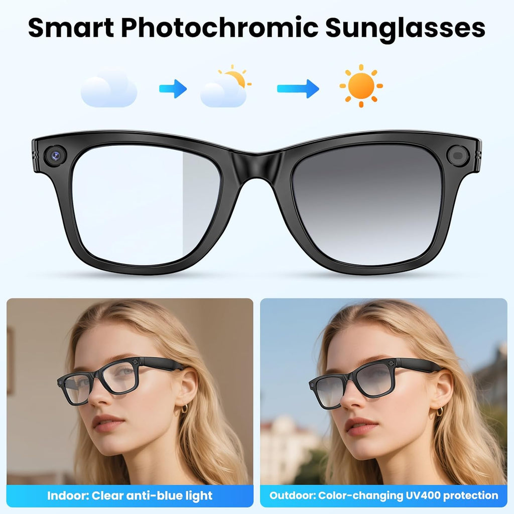 Mingtawn AI Smart Glasses 4K HD Camera, BT Call, 800W Anti-Shake Camera Glasses with Video Recording Dual Mic, Simultaneous Interpretation/GPT Identify Objects, 270mAh Photochromic Glasses（Black