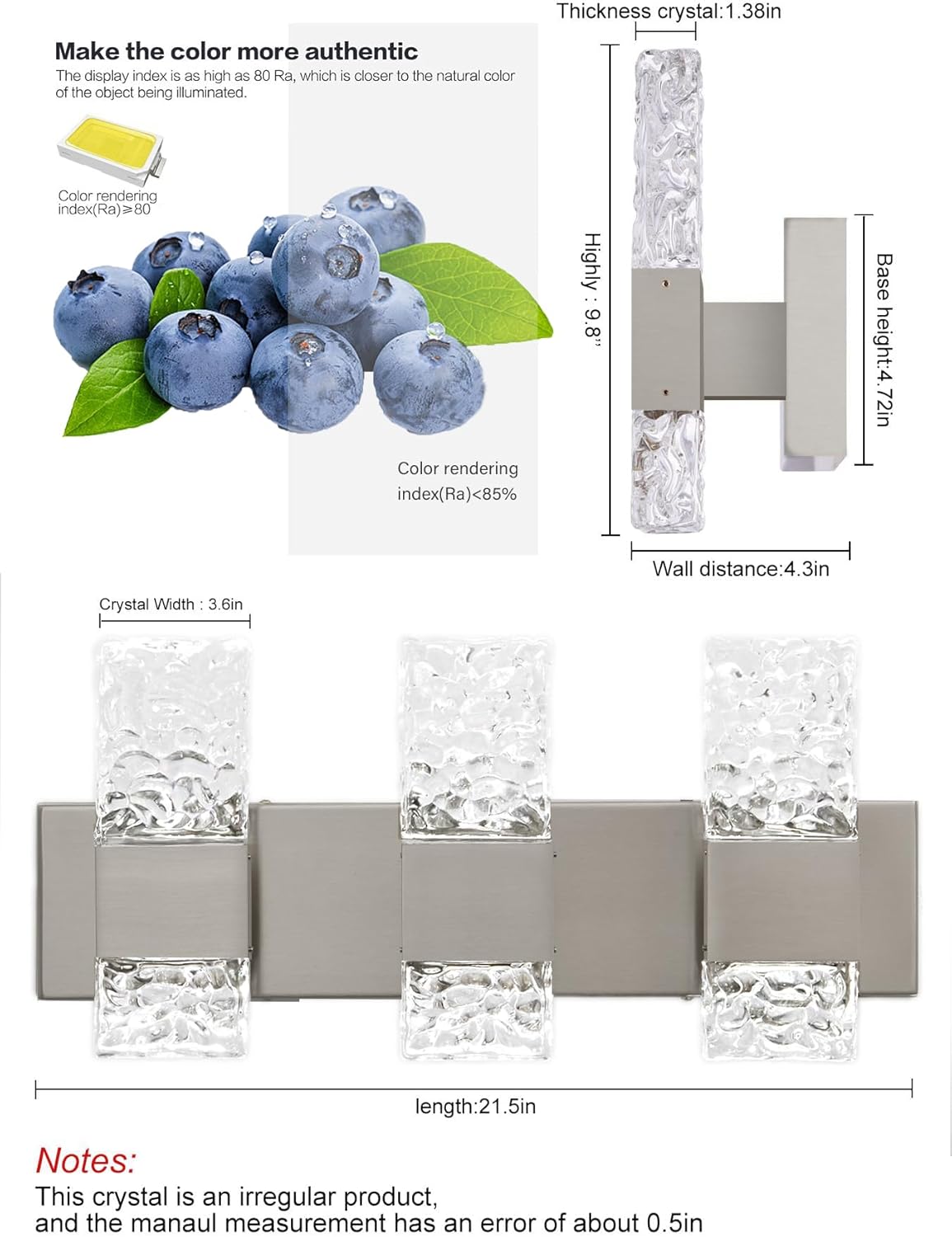Modern Bathroom Vanity Light fixtures Over Mirror Brushed Nickel Crystal LED Bathroom Lighting fixtures 3 Lights 6000K