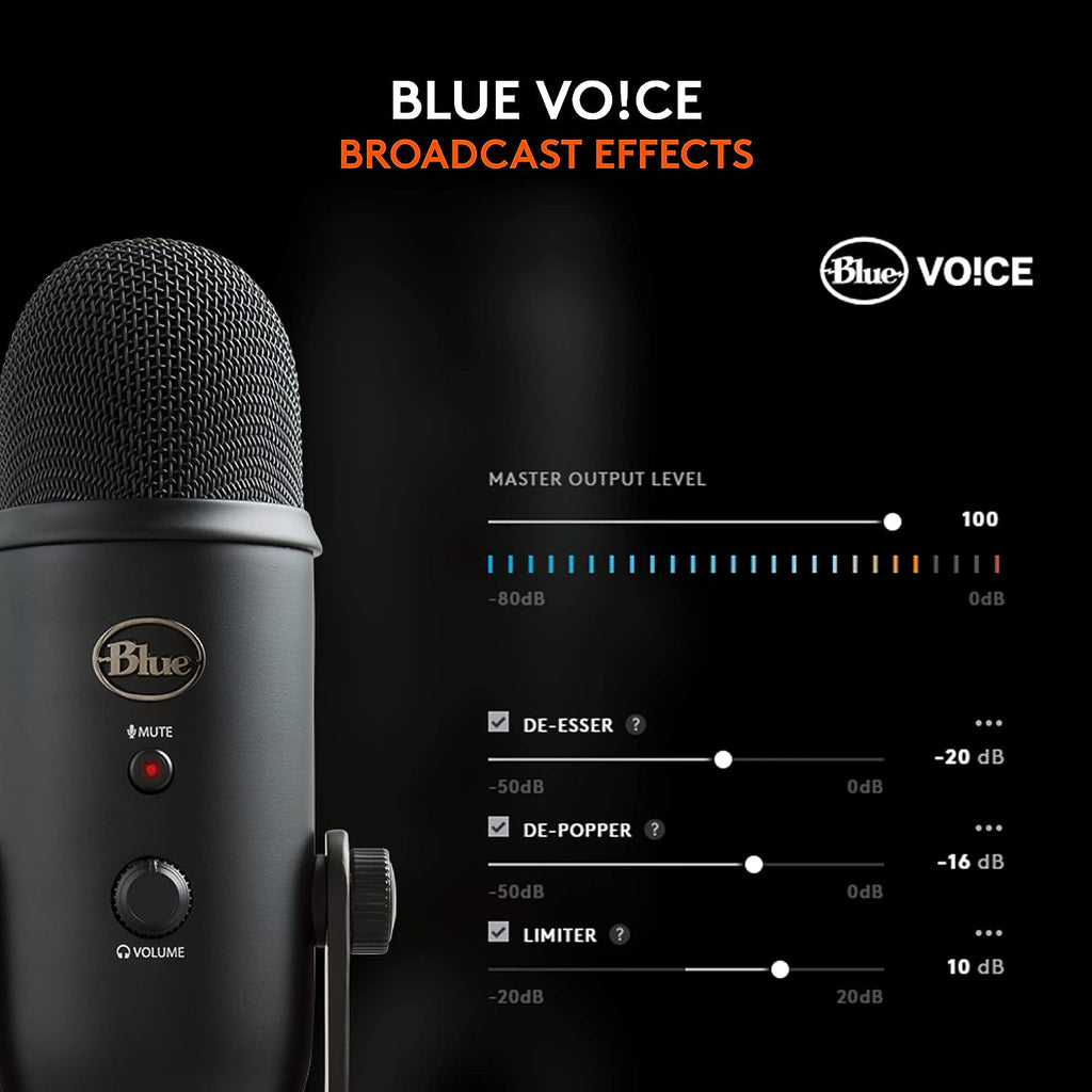 Logitech Creators Blue Yeti USB Microphone for PC, Mac, Gaming, Recording, Streaming, Podcasting, Studio and Computer Condenser Mic with Blue VO!CE effects, 4 Pickup Patterns, Plug and Play - Blackout