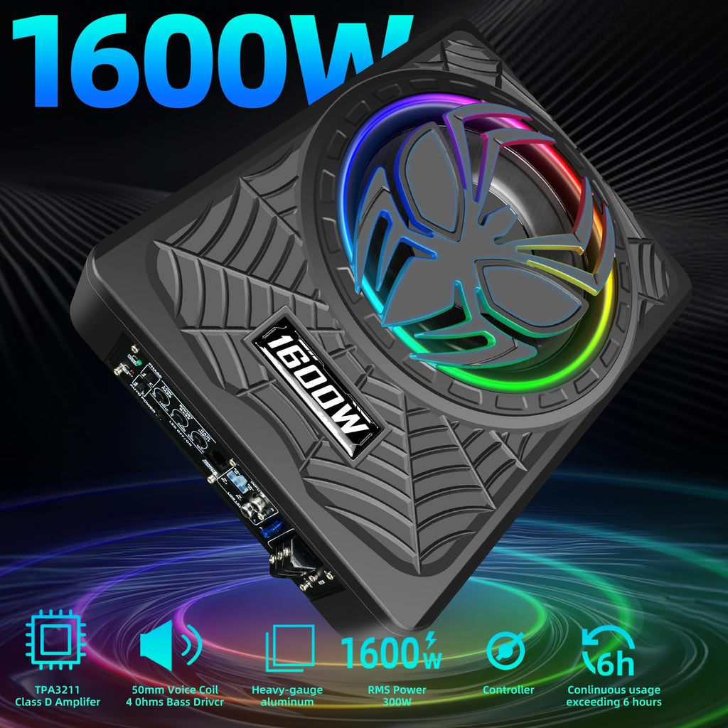 1600W 10" Ultra-Thin Under-Seat Car Subwoofer with Built-in D-Class Amplifier, LED Ambient Lights, Independent Bass Knob, LPF/Gain/Bass Boost, Distortion-Free Deep Bass for Most Vehicles