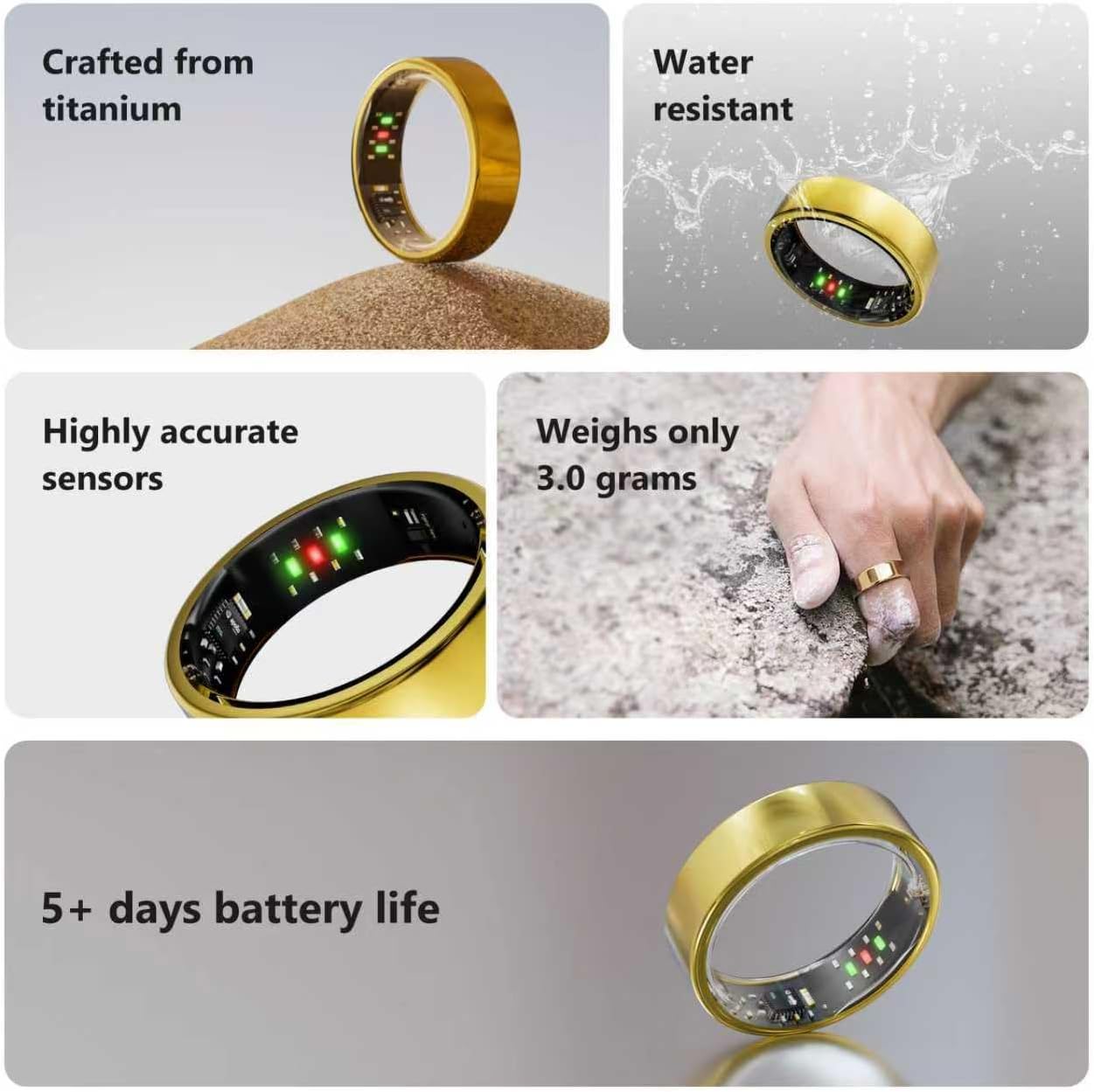 Titanium Smart Ring, Sleep & Activity Tracking Ring with Heart Rate, HRV, Stress Insights, 7-Day Battery Life, No Subscription, IP68 Waterproof, iOS & Android Compatible (Gold, 9)