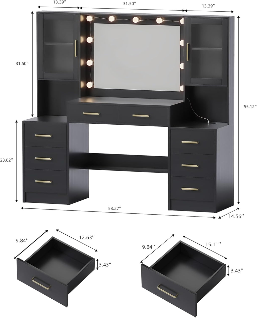 TOKSOM Black Vanity Desk with Mirror, Lights & Charging Station, 58.3" 3 Lighting Modes Makeup Desk with 8 Drawers, 2 Cabinets and Lots Storage, Dressing Table Vanity Set with Lighted Mirror