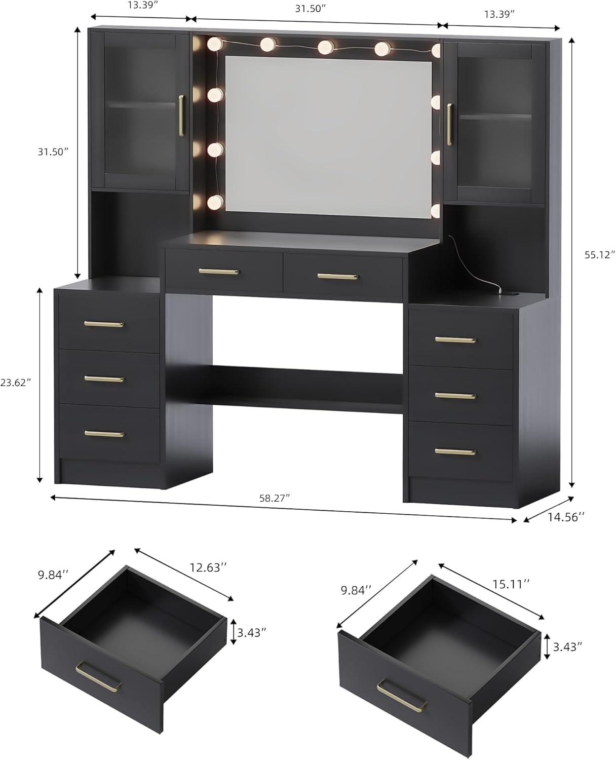 TOKSOM Black Vanity Desk with Mirror, Lights & Charging Station, 58.3" 3 Lighting Modes Makeup Desk with 8 Drawers, 2 Cabinets and Lots Storage, Dressing Table Vanity Set with Lighted Mirror