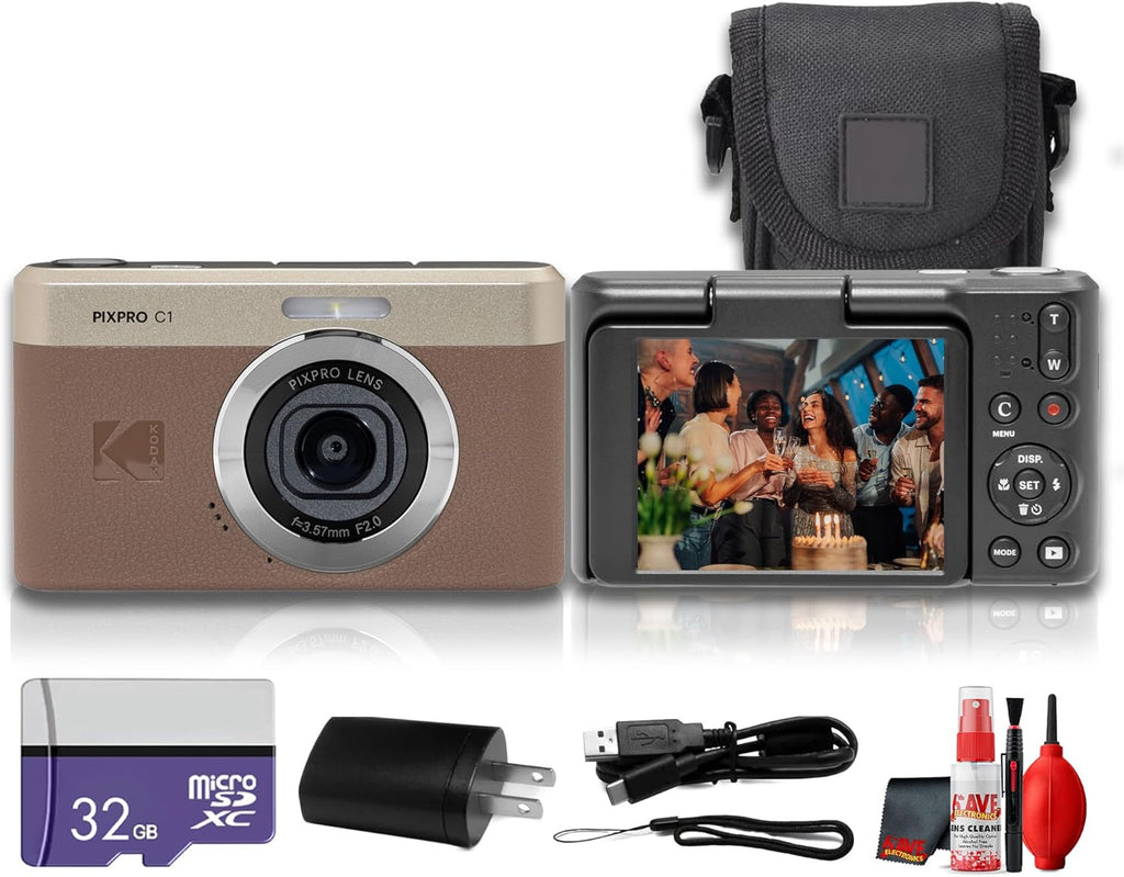 Kodak PIXPRO C1 Compact Digital Camera (Brown), 13MP Point and Shoot Camera for Selfies, Travel, Vlogging and Everyday Photos (C1-BN) + 32GB Card + Camera Bag + Cleaning Kit (7pc Bundle)