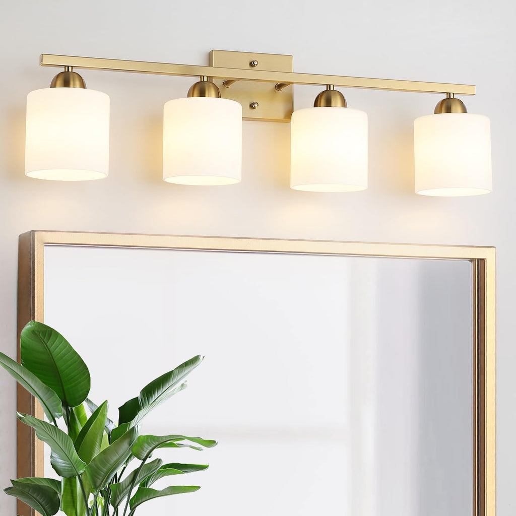 Mecgirn Stainless Steel Milk Glass Vanity Lights for Bathroom, 4 Light Gold Bathroom Light Fixtures Over Mirror, Ceramic E26 Sockets Wall Mounted
