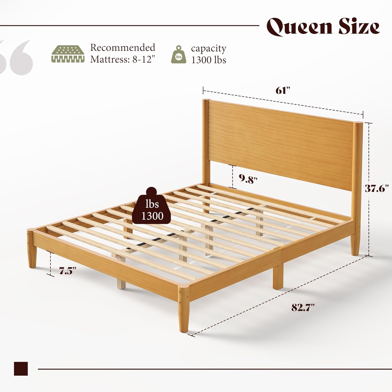 AMERLIFE Queen Solid Wood Bed Frame, Mid Century Modern Platform Bed with Full Panel Headboard, Wooden Bedframe with Cylindrical Legs, No Box Spring Needed & Noise-Free, Natural Wood