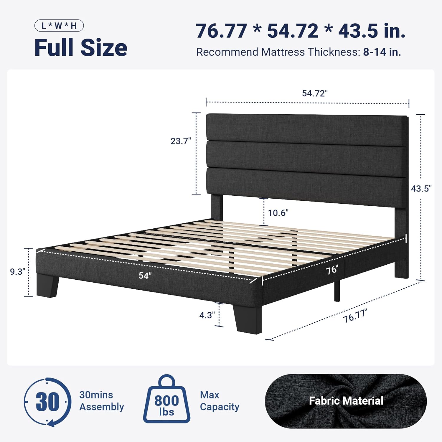 Allewie Full Size Platform Bed Frame with Fabric Upholstered Headboard and Wooden Slats Support, Fully Upholstered Mattress Foundation/No Box Spring Needed/Easy Assembly, Dark Grey