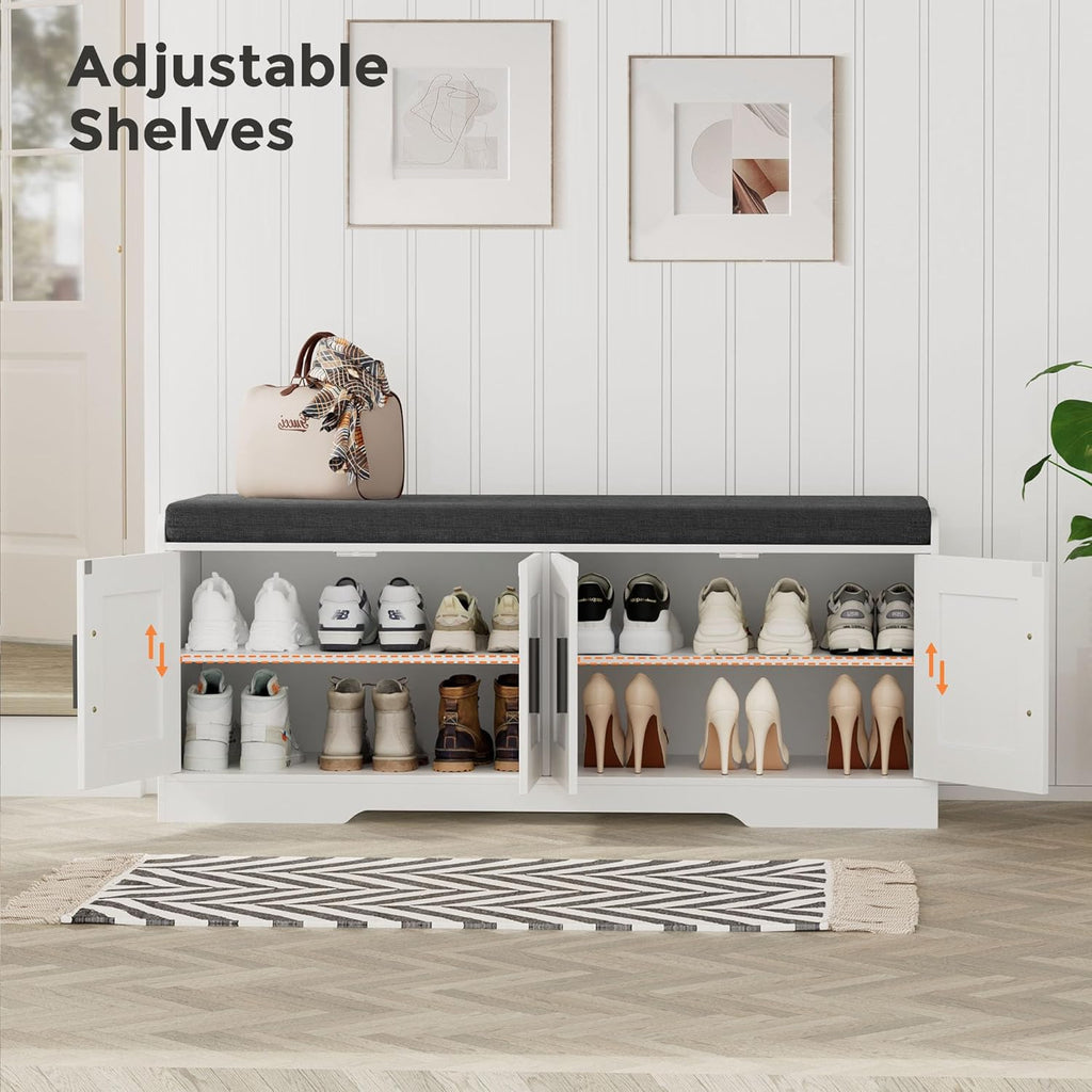 Homleke 2-Tier Storage Bench, Shoe Bench with Thickened Padded Seat Cushion, Entryway Bench with 4 Doors, Adjustable Shelf, 13.8" D x 45.3" W x 18.5" H, for Entryway, Living Room, Bedroom, White