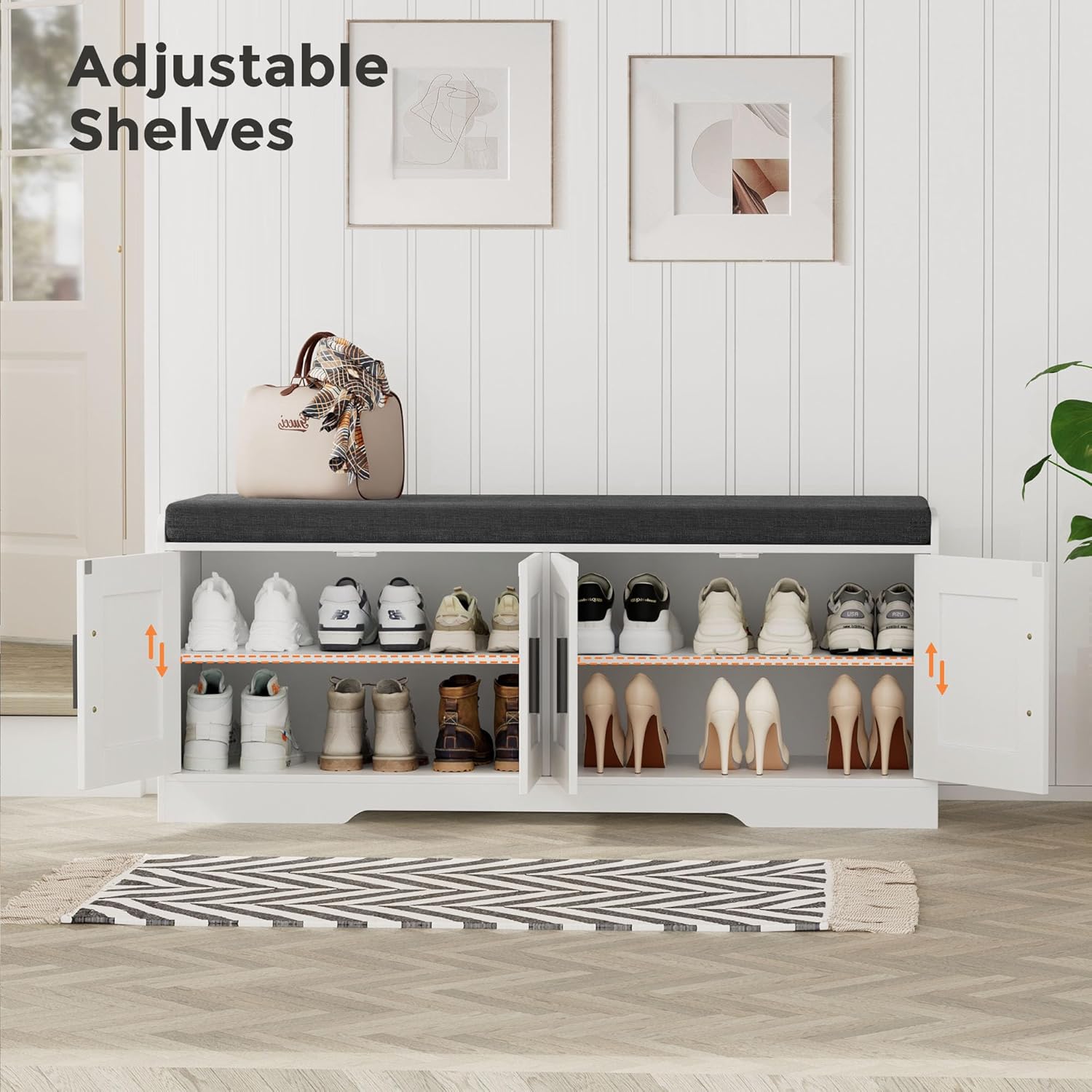 Homleke 2-Tier Storage Bench, Shoe Bench with Thickened Padded Seat Cushion, Entryway Bench with 4 Doors, Adjustable Shelf, 13.8" D x 45.3" W x 18.5" H, for Entryway, Living Room, Bedroom, White