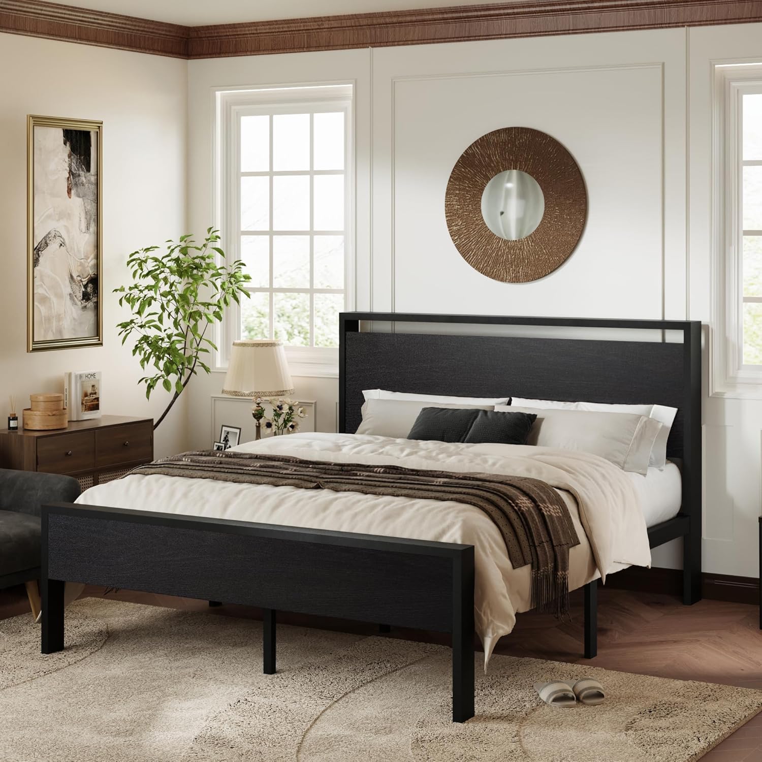Allewie Queen Size Platform Bed Frame with Wooden Headboard and Footboard, Heavy Duty 12 Metal Slats Support, No Box Spring Needed, Under-Bed Storage, Noise Free, Easy Assembly, Black Oak