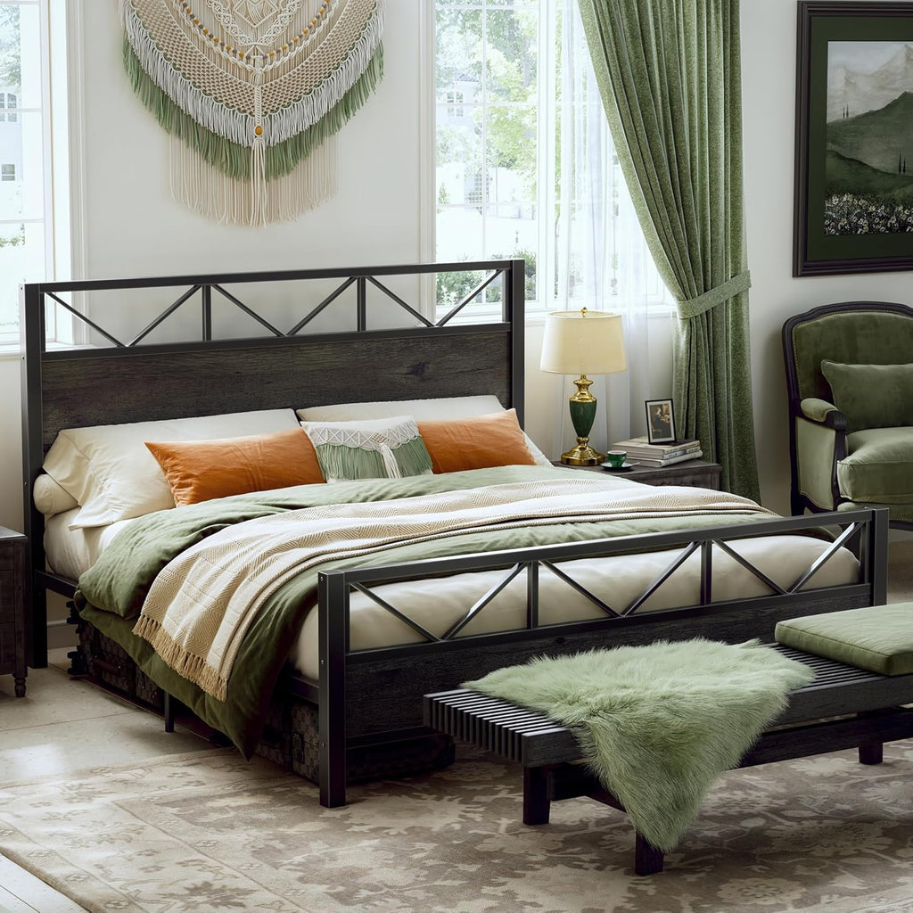 LIKIMIO King Bed Frame, Tall Industrial Headboard 51.2 ", Platform Bed Frame with Strong Metal Support, Solid and Stable, Noise Free, No Box Spring Needed, Easy Assembly, Charcoal Grey