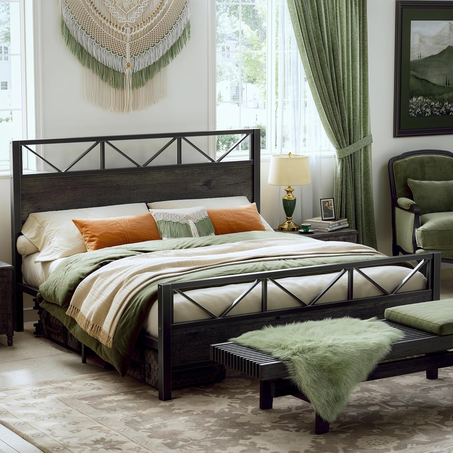 LIKIMIO King Bed Frame, Tall Industrial Headboard 51.2 ", Platform Bed Frame with Strong Metal Support, Solid and Stable, Noise Free, No Box Spring Needed, Easy Assembly, Charcoal Grey