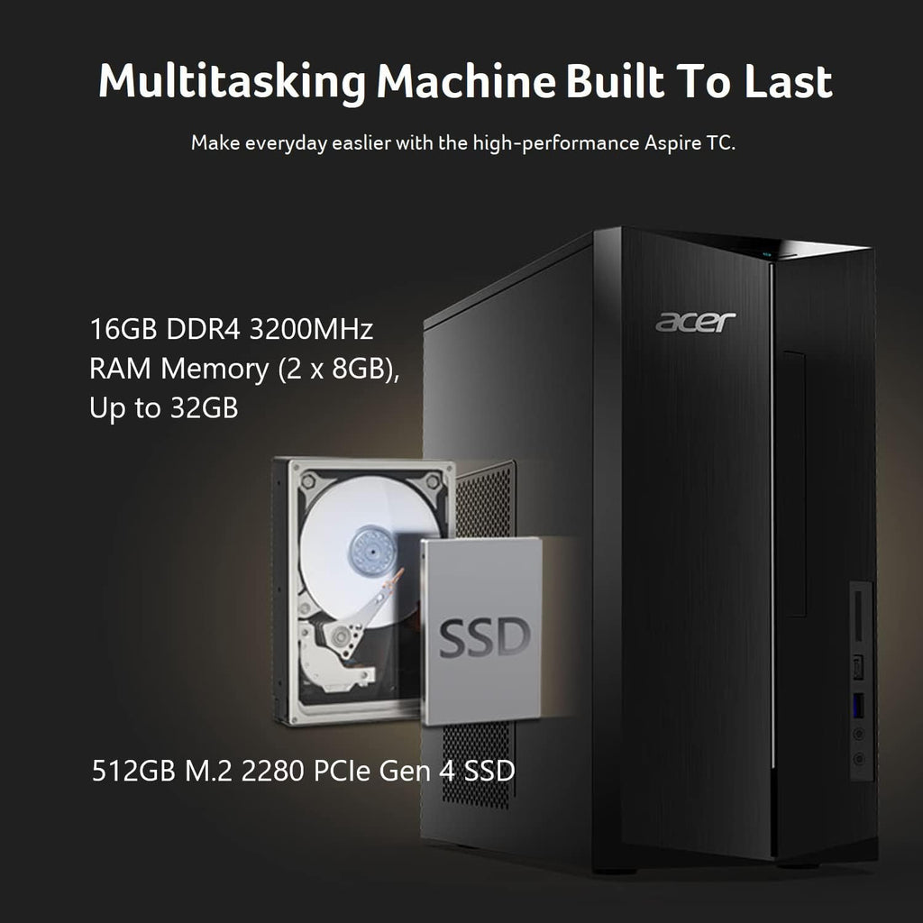 acer Aspire TC-1780-UR11 Desktop | 13th Gen Intel Core i5-13400 10-Core Processor | 16GB 3200MHz DDR4 | 512GB M.2 2280 PCIe Gen 4 SSD | SD Card Reader | Intel Wi-Fi 6E AX211 | Windows 11 Pro,Black