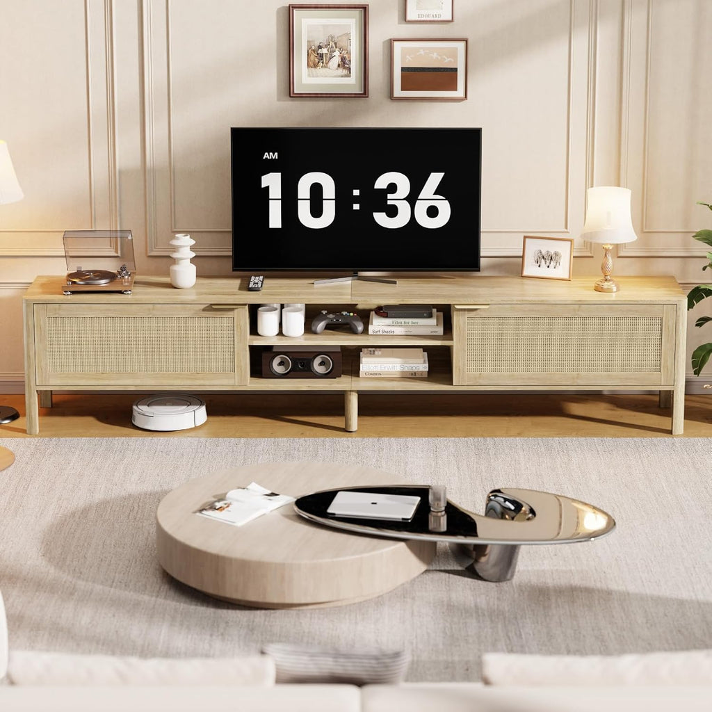 IKALIFE Rattan TV Stand for Living Room - Fits up to 80 Inch TVs, Rattan Media Console Table with Adjustable Shelves & 2 Storage Cabinets, Mid-Century Modern Entertainment Center, Oak 71"