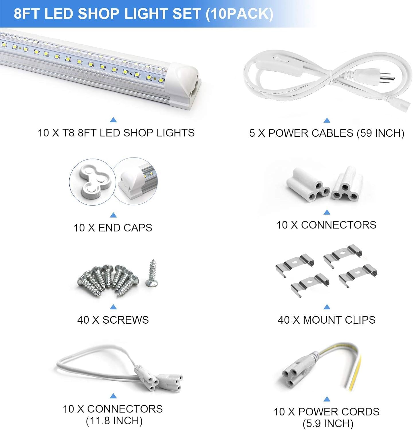10-Pack 8ft LED Shop Light Fixture - 90W T8 Integrated LED Tube Light - 6500K 12000LM V-Shape Linkable - High Output - Clear Cover - Plug and Play - 270 Degree Lighting for Garage, Shop, Barn
