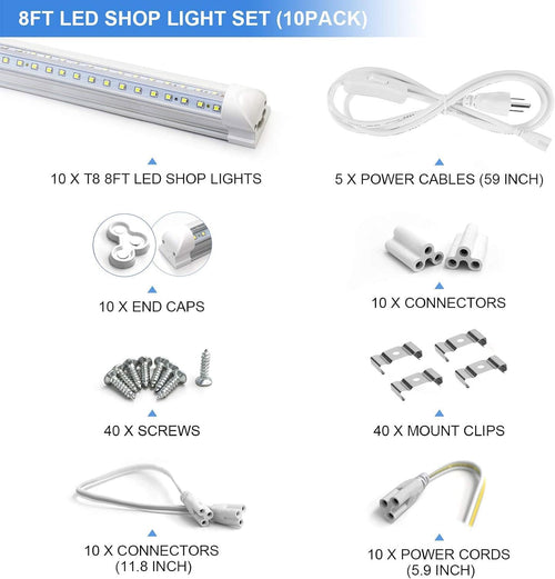 10-Pack 8ft LED Shop Light Fixture - 90W T8 Integrated LED Tube Light - 6500K 12000LM V-Shape Linkable - High Output - Clear Cover - Plug and Play - 270 Degree Lighting for Garage, Shop, Barn