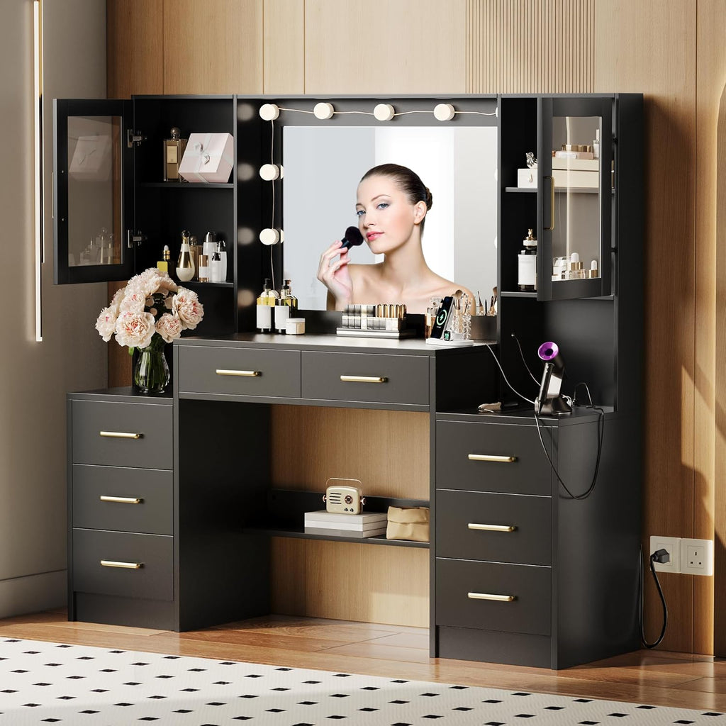 TOKSOM Black Vanity Desk with Mirror, Lights & Charging Station, 58.3" 3 Lighting Modes Makeup Desk with 8 Drawers, 2 Cabinets and Lots Storage, Dressing Table Vanity Set with Lighted Mirror