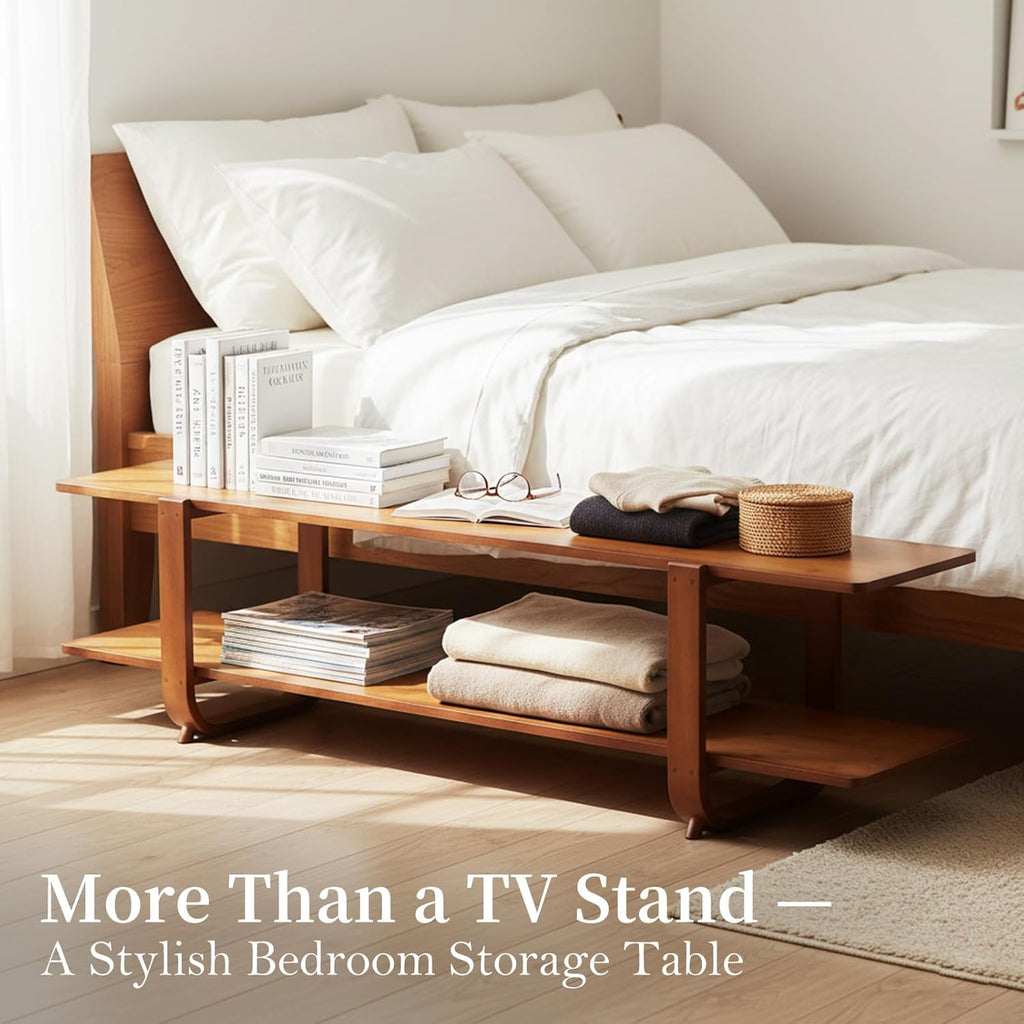 Tiita TV Stand with Storage for TVs up to 65'', Bamboo TV Console Entertainment Center with 2 Open Shelf, Mid Century Modern Media Console for Living Room, Bedroom, Walnut